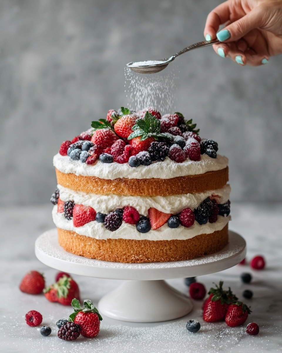 Layered Angel Food Cake with Fresh Berries and Cream Cheese Frosting Recipe