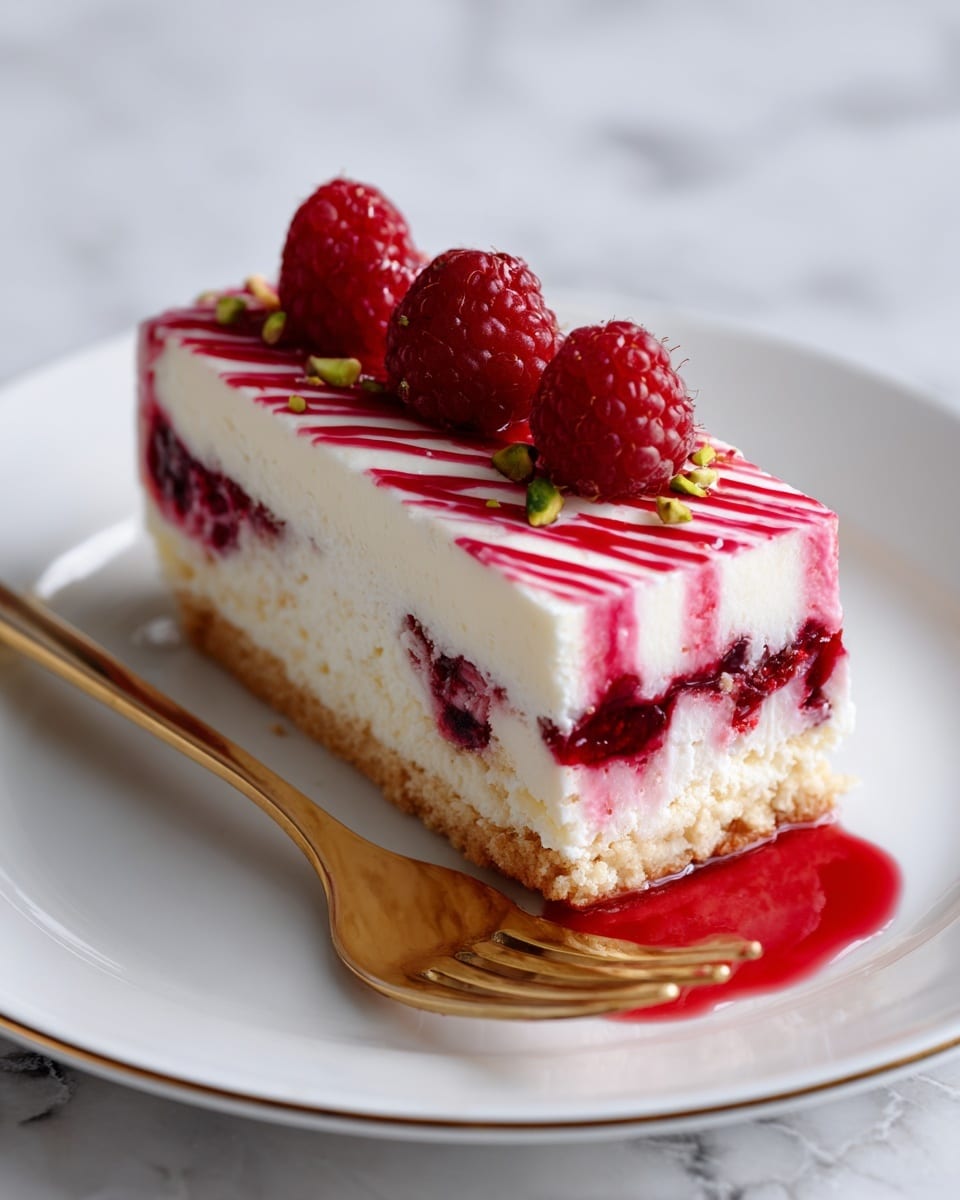 A rectangular slice of creamy white cheesecake with visible layers showing a light crumbly crust at the bottom, a thick white cream layer with embedded raspberries, and another thin crust layer folded inside. The top is decorated with a thin ribbon of bright pink raspberry sauce swirled in stripes and three fresh red raspberries right in the middle, along with small green pistachio pieces. The cake slice is placed on a white plate with a thin gold rim, and a gold fork is partly underneath the cake with some raspberry sauce on it. The dish is set on a white marbled surface. photo taken with an iphone --ar 4:5 --v 7
