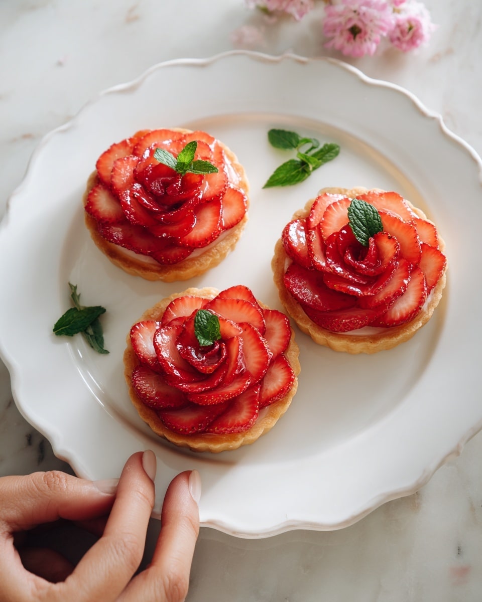 Three small round tartlets sit on a white scalloped-edged plate, placed on a white marbled surface. Each tartlet has a golden-brown crust as the base, holding thinly sliced red strawberries arranged in concentric circles, forming a rose shape. The strawberries are glossy and bright, with a small green mint leaf placed on top of each tart, adding a fresh touch to the vibrant red. Soft pink flower buds lie beside the plate, enhancing the delicate and fresh feel of the scene. Photo taken with an iphone --ar 4:5 --v 7