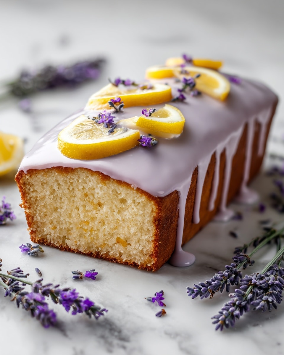 A loaf cake with a golden brown crust and soft, light yellow inside is sliced on a white marbled surface. The cake is covered with a smooth, light purple icing that drips slightly down the sides. On top of the icing, there are thin, bright yellow lemon slices and small purple lavender flowers scattered for decoration. Around the cake, more lavender sprigs are placed on the white marbled surface, creating a fresh, natural look. Photo taken with an iphone --ar 4:5 --v 7