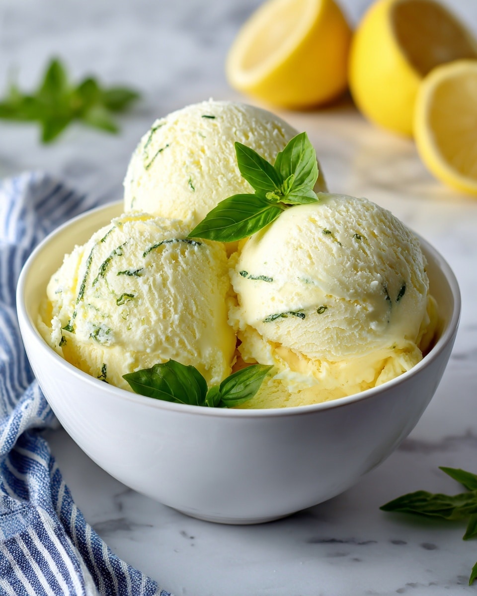 A white bowl filled with three large scoops of pale yellow ice cream, each scoop having thin green streaks running through its smooth, creamy texture. Fresh green basil leaves are placed between and around the scoops as decoration. The bowl sits on a white marbled surface with blurred lemons in the background, adding a fresh and bright atmosphere to the image. A blue and white striped cloth is partially visible in the lower left corner. Photo taken with an iphone --ar 4:5 --v 7