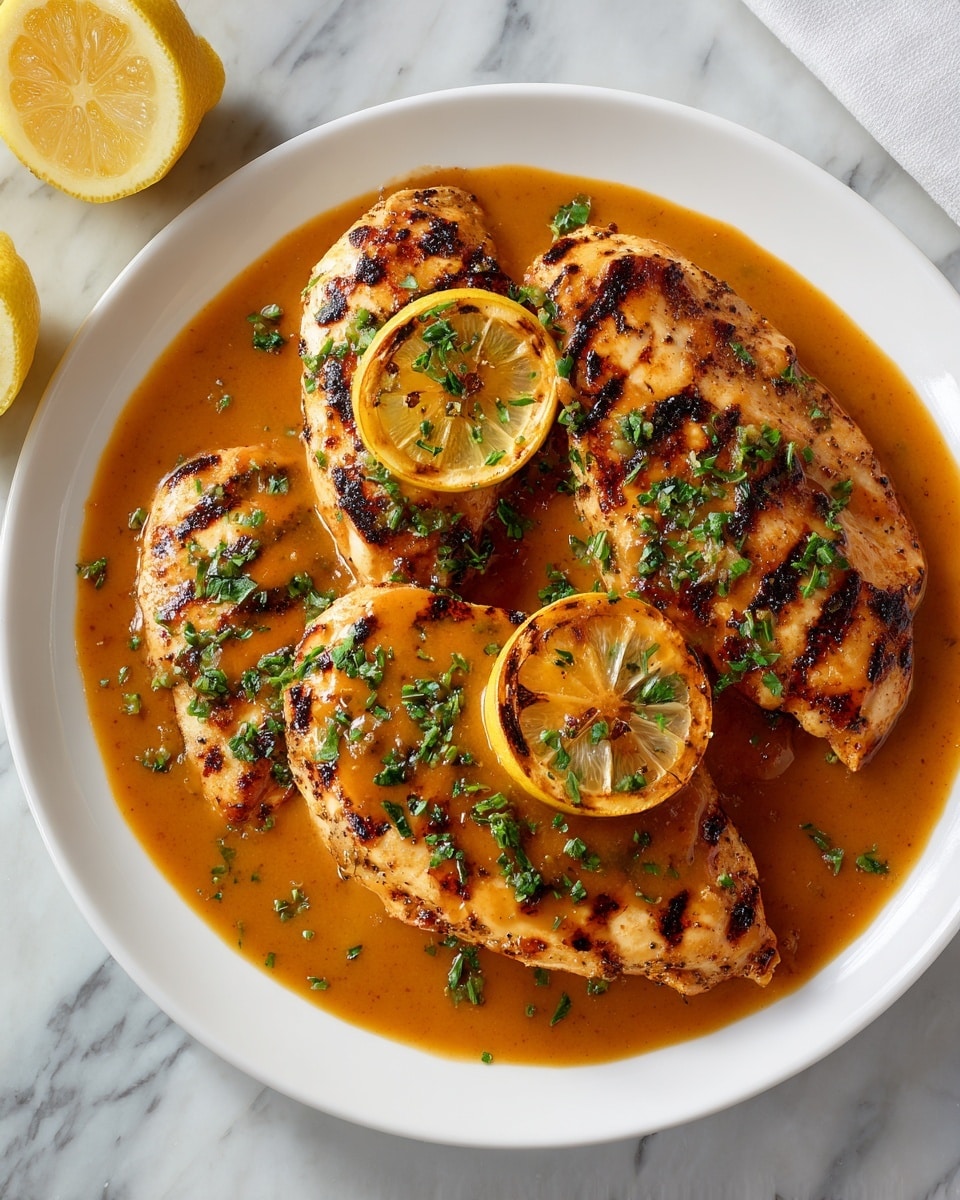 The dish shows three golden-brown grilled chicken breasts layered irregularly on a white plate, glistening with a shiny, thick orange-brown sauce spread evenly underneath and over the chicken, giving a moist look. On top, two thinly sliced, lightly charred lemon rounds are placed, garnished with fresh, finely chopped green herbs scattered all over the chicken and sauce. The plate rests on a white marbled surface, with part of a lemon half visible nearby. Photo taken with an iphone --ar 4:5 --v 7