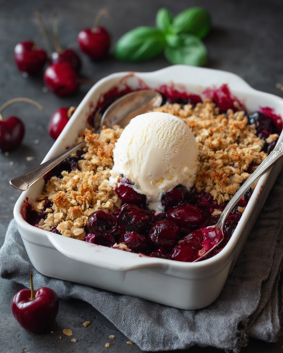 The dish is a rectangular white baking dish filled with a warm cherry crumble. The bottom layer shows bright, glossy cherries in deep red juice. Above it is a textured, golden brown oat crumble topping with visible oats and a slightly crunchy look. On top of the crumble is a perfectly rounded scoop of creamy vanilla ice cream starting to melt slightly. Two spoons rest inside the dish, one on the left and one on the right. The dish is placed on a dark surface with a grey cloth napkin beside it, and some basil leaves and whole cherries are scattered in the background. Photo taken with an iphone --ar 4:5 --v 7