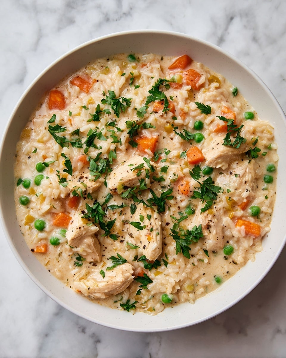 The image shows a shallow white bowl filled with creamy chicken and rice stew. The dish has a soft, beige base with chunks of light brown cooked chicken mixed throughout. Bright orange carrot pieces and small green peas are spread evenly over the creamy rice, adding pops of color. Fresh green parsley leaves are scattered on top as garnish. The bowl sits on a white marbled surface, creating a clean and simple background. photo taken with an iphone --ar 4:5 --v 7