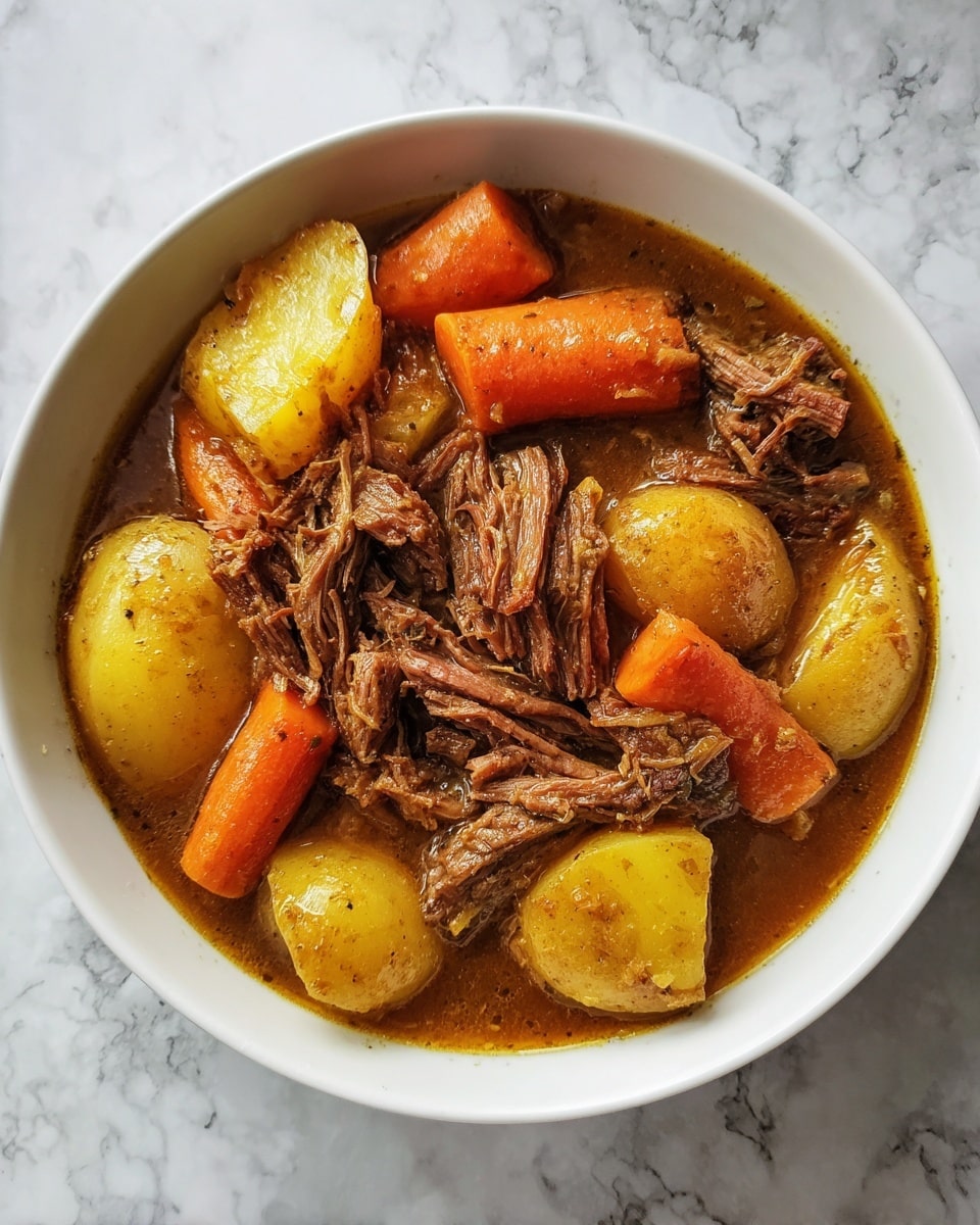 A white shallow bowl filled with a stew made of shredded brown beef, large chunks of light yellow potatoes, and sliced orange carrots, all covered in a rich brown broth. The beef looks tender and stringy, mixed evenly with the vegetables. The bowl sits on a white marbled surface. photo taken with an iphone --ar 4:5 --v 7