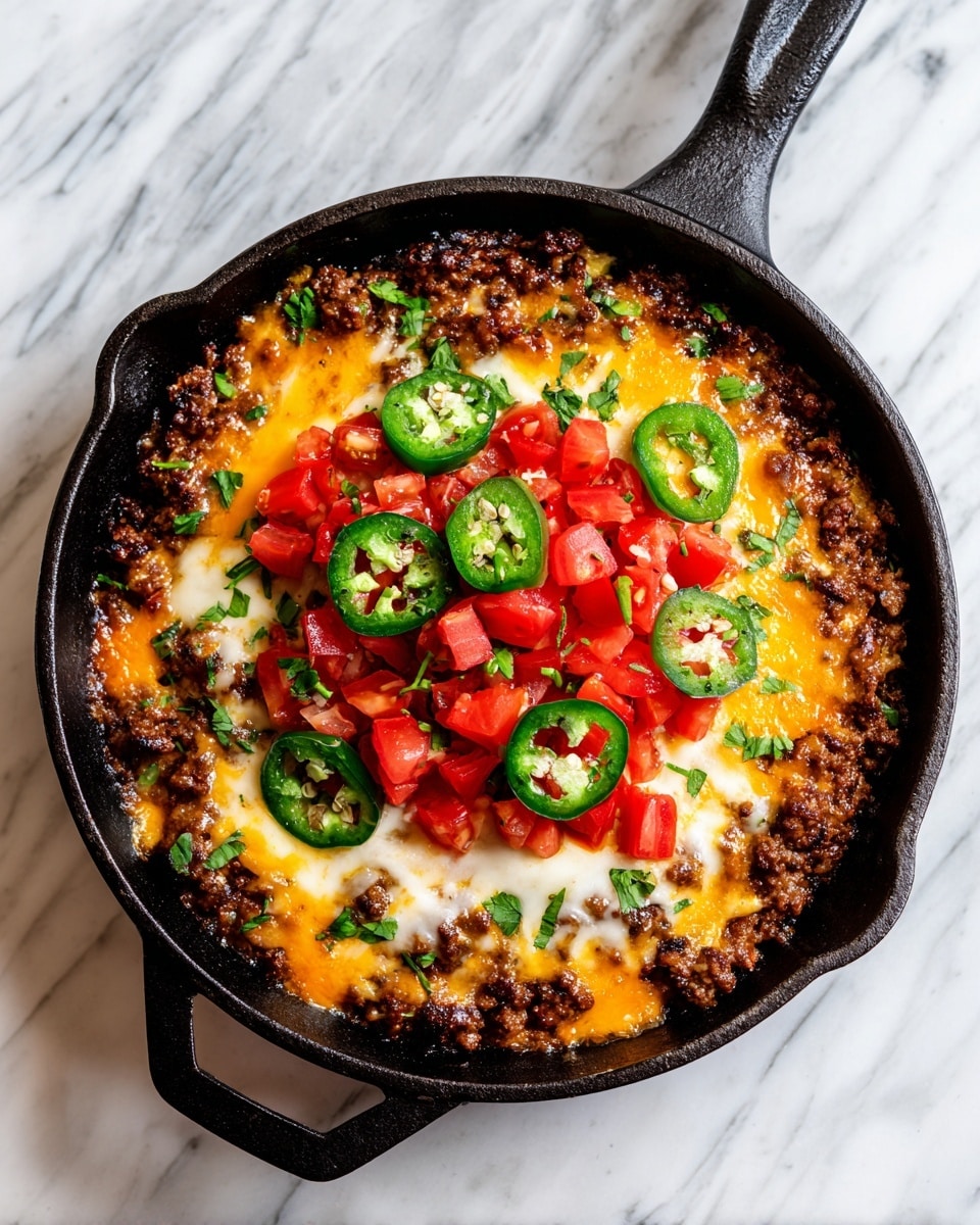 The image shows a black cast iron pan filled with a layered dish. The bottom layer is melted, bright orange cheese with slightly browned edges. On top of this, there is a layer of ground meat browned with green herbs scattered throughout. The next layer has melted white cheese spread unevenly over the meat. The center is topped with finely chopped red tomatoes and several slices of green jalapeño peppers, adding a fresh and colorful contrast. The pan sits on a white marbled surface. Photo taken with an iphone --ar 4:5 --v 7