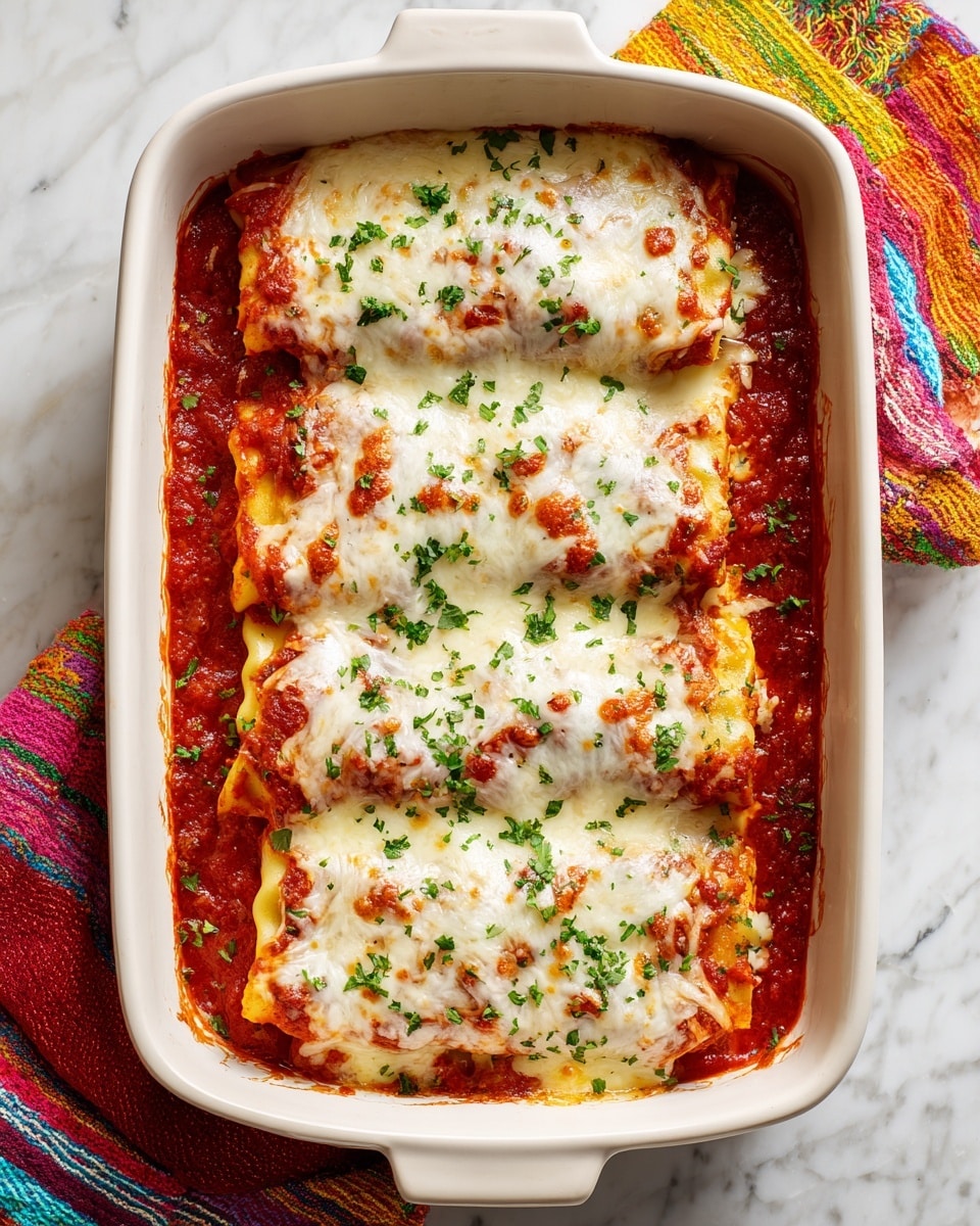A white rectangular baking dish filled with three layers of stuffed pasta rolls covered evenly with melted cheese, which is golden brown in spots. The cheese layer is thick and bubbly, sprinkled with chopped green herbs. Underneath, the filled pasta is visible with a rich red tomato sauce peeking around the edges. The dish sits on a white marbled surface with a colorful striped cloth to one side. Photo taken with an iphone --ar 4:5 --v 7