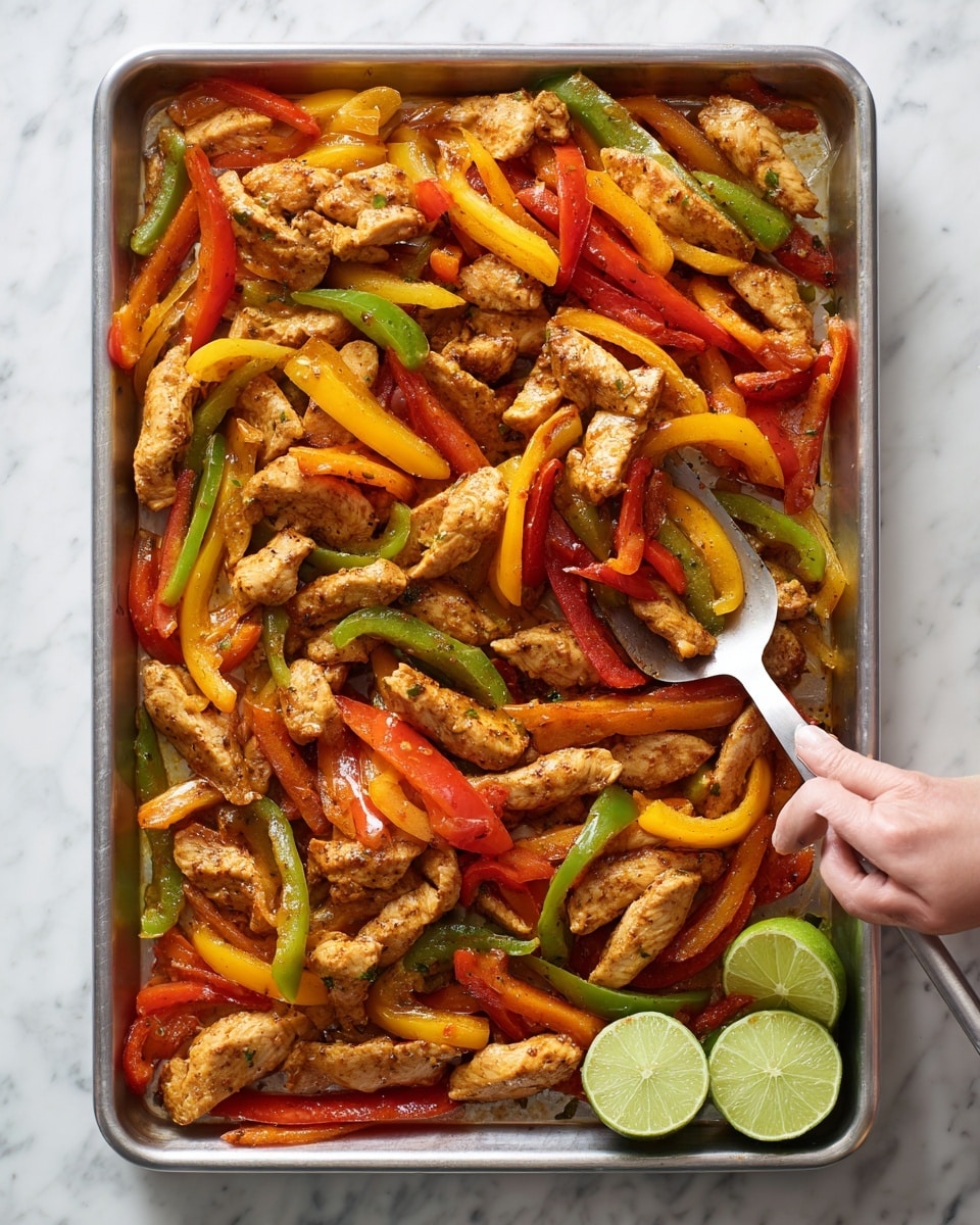 This image shows a close-up of a metal tray filled with cooked chicken strips mixed with colorful sautéed bell pepper slices in red, yellow, and green. The chicken pieces are golden brown with a slightly crispy texture, spread evenly among the soft, slightly shiny pepper strips. A woman's hand with a spatula is visible on the right side, lifting some of the chicken and peppers. Two lime halves rest near the bottom right corner of the tray. The whole scene sits on a white marbled surface. Photo taken with an iphone --ar 4:5 --v 7