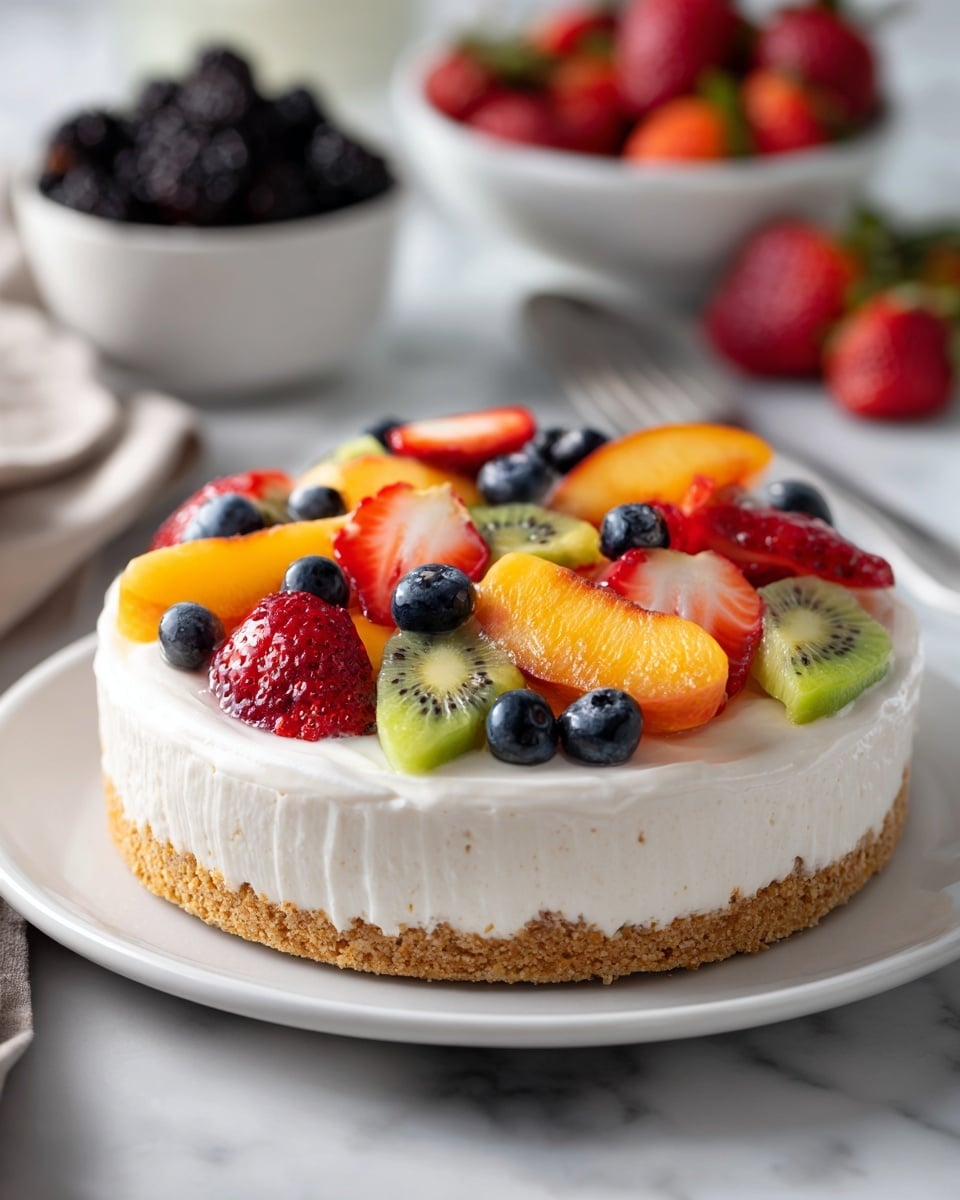 A round dessert sits on a white plate placed on a white marbled surface. The base is a thin, crumbly crust with a light golden color, topped with a smooth, creamy white layer evenly spread over it. On top of the cream, there is a colorful mix of fresh fruit arranged in a scattered but balanced way. The fruits include bright red strawberry halves, light green kiwi slices with small black seeds, deep blue whole blueberries, and vibrant orange peach slices. In the background, there are bowls of strawberries and blackberries, also on the white marbled surface. The photo taken with an iphone --ar 4:5 --v 7