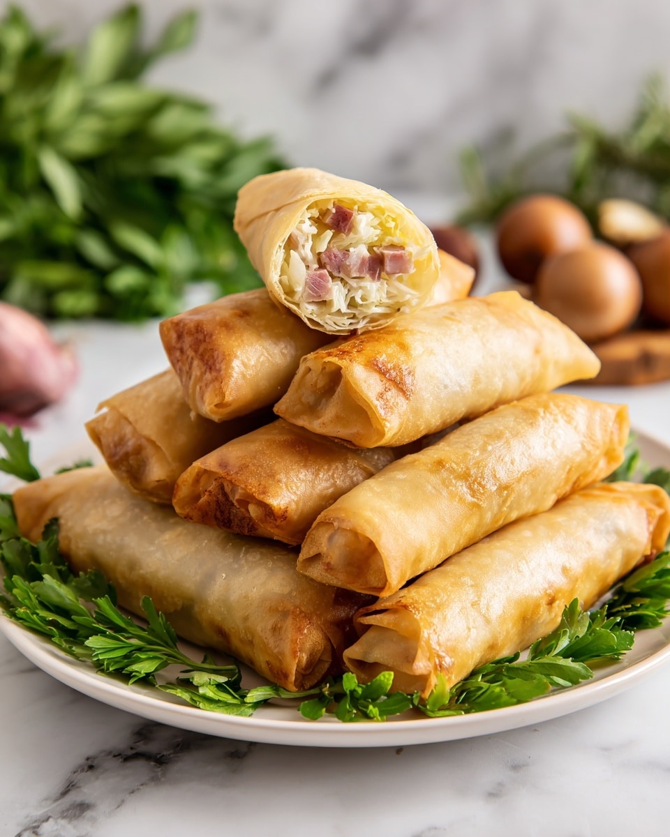 A white plate holds a stack of seven golden brown crispy spring rolls with one spring roll on top cut open to show its inside layers, which include light beige thin noodles, small pieces of brown ham, and white shredded cabbage neatly packed together, with a soft, shiny, and slightly oily texture on the outside of the rolls. The plate is garnished with fresh green leafy herbs around the edges, and the background has a blurred white marbled surface with green herbs and some round brown objects. Photo taken with an iphone --ar 4:5 --v 7