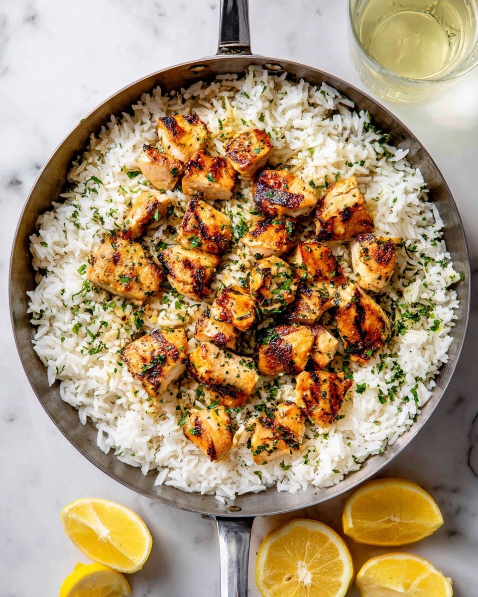 A pan filled with two layers: the bottom layer is cooked white rice with a fluffy texture, and on top are golden-brown grilled chicken pieces scattered evenly, showing some char marks and a slightly crispy surface. The chicken is sprinkled with finely chopped green herbs, adding color contrast. Around the pan, there are fresh lemon wedges and a glass of light yellow liquid on a white marbled surface. photo taken with an iphone --ar 4:5 --v 7