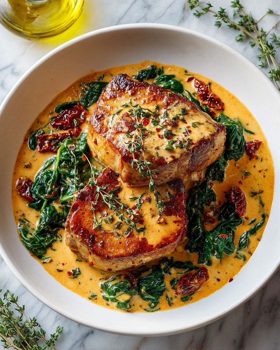 A white bowl holds two thick, golden-brown pork chops stacked slightly, covered with creamy orange sauce speckled with herbs. Bright green wilted spinach leaves and small pieces of dark red sun-dried tomatoes scatter across and under the chops. The sauce pools around the bottom, adding a rich texture. The bowl sits on a white marbled surface with a glass of olive oil and sprigs of fresh thyme nearby. photo taken with an iphone --ar 4:5 --v 7