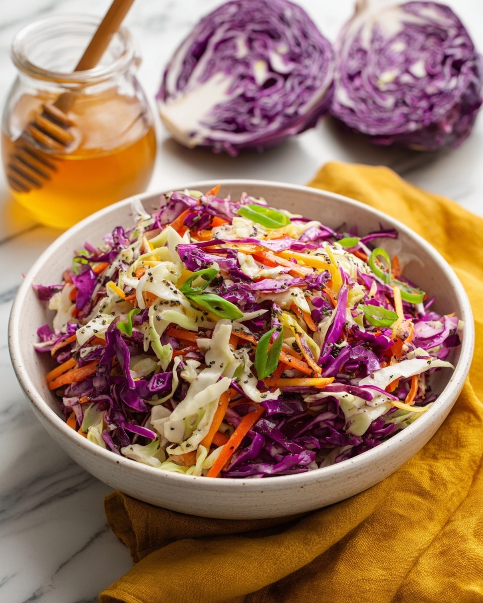 A large white bowl is filled with a colorful coleslaw made of shredded layers: bright purple cabbage strips, white cabbage pieces, thin orange carrot sticks, and green scallion slices scattered on top, all mixed together with visible black pepper flakes adding texture. In the background, there are halves of purple cabbage and a glass jar with honey and a wooden dipper, all placed on a white marbled surface. A mustard-yellow cloth is tucked under the bowl. The colors are fresh and vivid, showing a mix of rough and crisp textures. Photo taken with an iphone --ar 4:5 --v 7