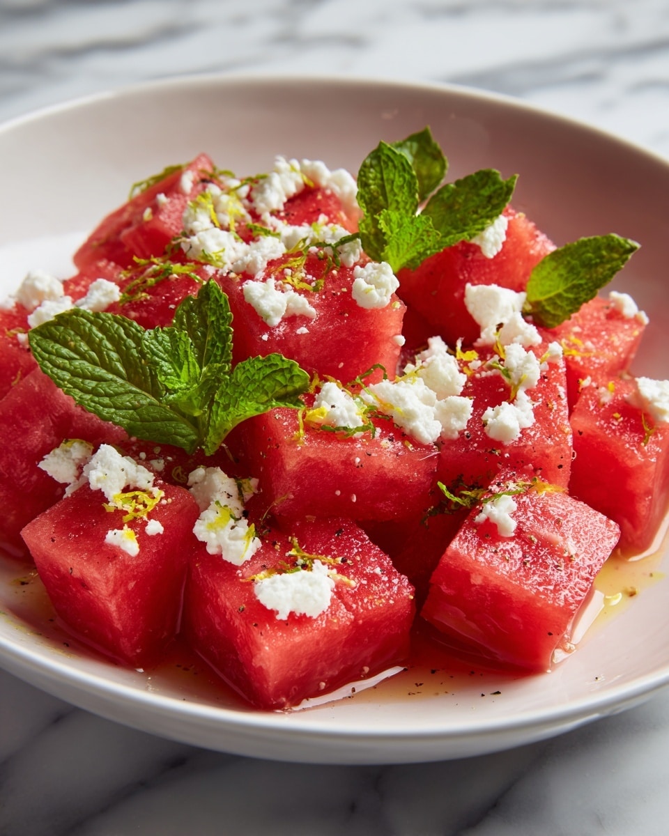 The dish shows a bowl filled with vibrant red watermelon cubes, each piece juicy and slightly glossy. Scattered evenly on top are small clumps of white, crumbly cheese, creating a strong contrast with the red watermelon. Bright green mint leaves are placed on and around the watermelon cubes, adding freshness and color variety. There are tiny specks of black pepper and some yellow zest sprinkled lightly over the whole dish. The bowl is white and sits on a white marbled surface, giving a clean and fresh look to the presentation. photo taken with an iphone --ar 4:5 --v 7