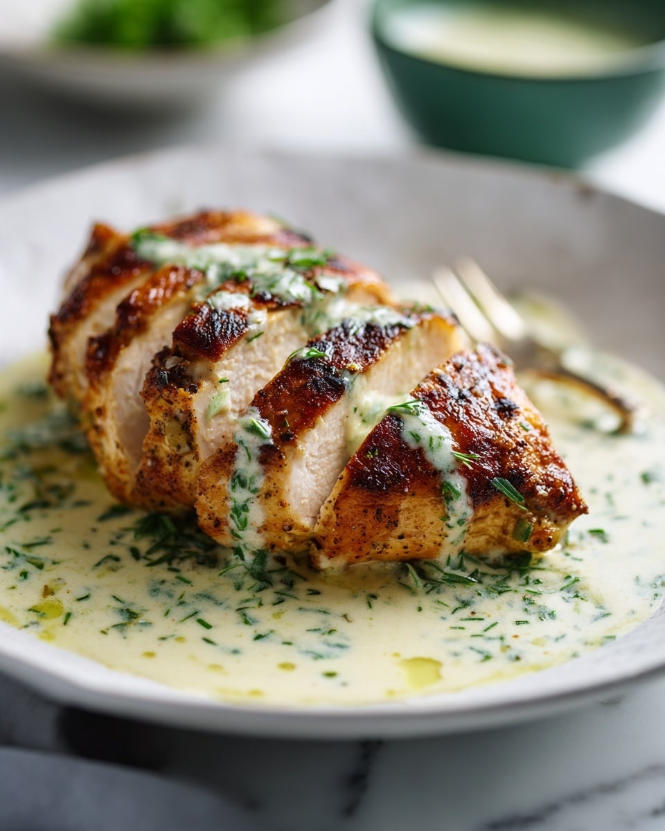 A close-up of a cooked chicken breast with a brown grilled crust, sliced twice to show the inside, resting on a white plate with creamy light beige sauce with green herb bits spread underneath and drizzled on top of the chicken, all placed on a white marbled surface. In the background, a blurred green bowl with some green garnish can be seen. photo taken with an iphone --ar 4:5 --v 7