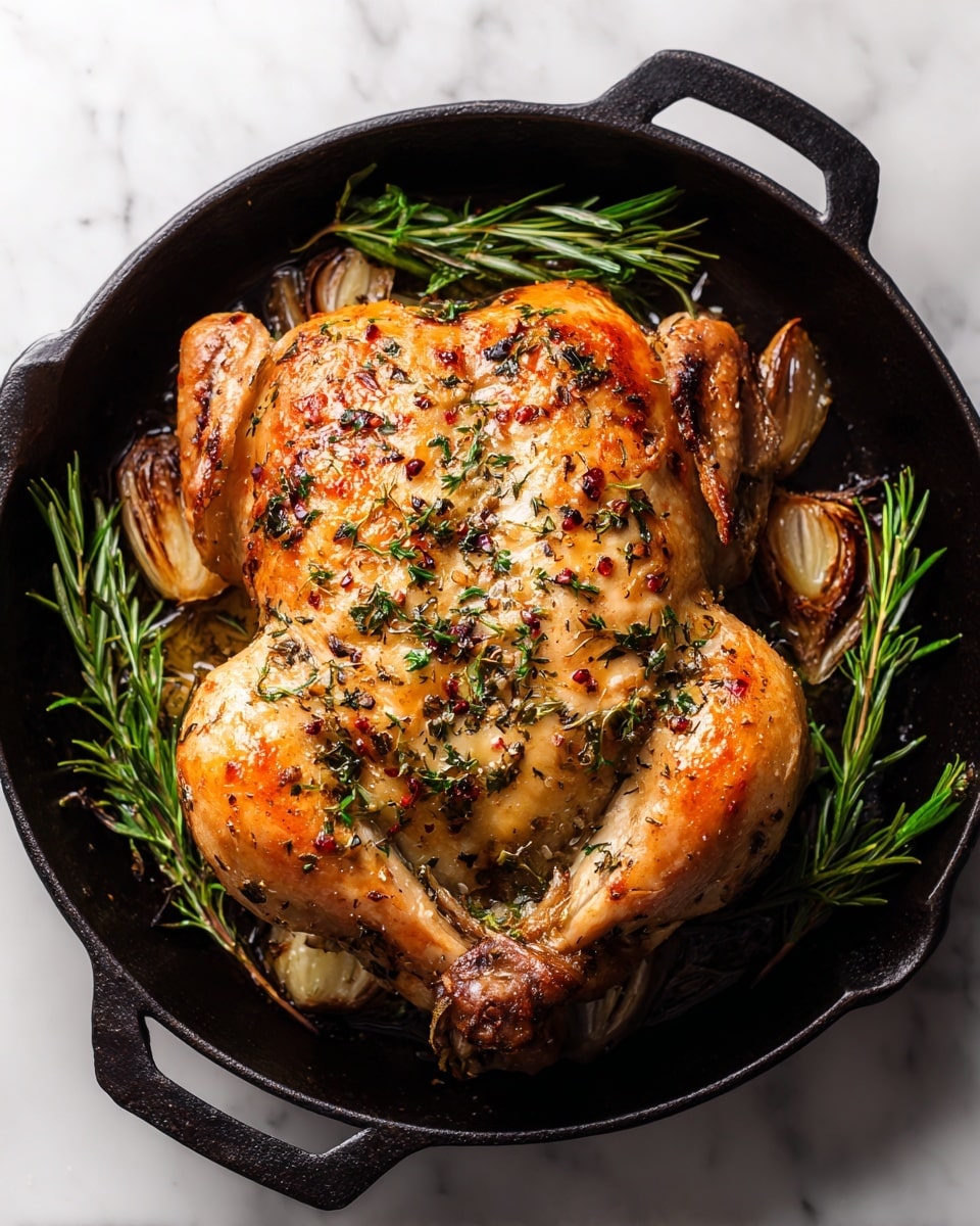 A whole roasted chicken with a golden-brown, crispy skin sits in a black pan on a white marbled surface. The chicken is covered with small green herb sprinkles and bits of roasted garlic, creating a textured top layer. Around the chicken, there are whole roasted garlic cloves and sprigs of fresh rosemary, adding touches of light cream and green colors. The skin of the chicken is shiny and slightly glossy from the roasting, showing a mix of browned spots and herbs. Photo taken with an iphone --ar 4:5 --v 7