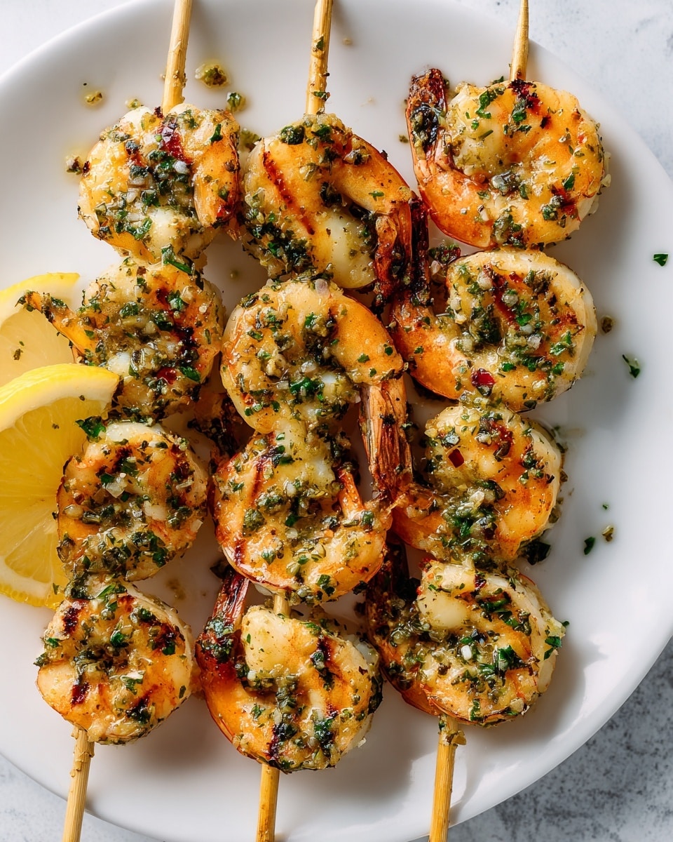 A white plate holds three wooden skewers, each with several grilled shrimp that are orange with light char marks. The shrimp are sprinkled with green chopped herbs and small bits of garlic and red chili flakes. Underneath the skewers, there is a slice of lemon that peeks out from the shrimp. The plate is placed on a white marbled texture, enhancing the colors of the shrimp and herbs. photo taken with an iphone --ar 4:5 --v 7