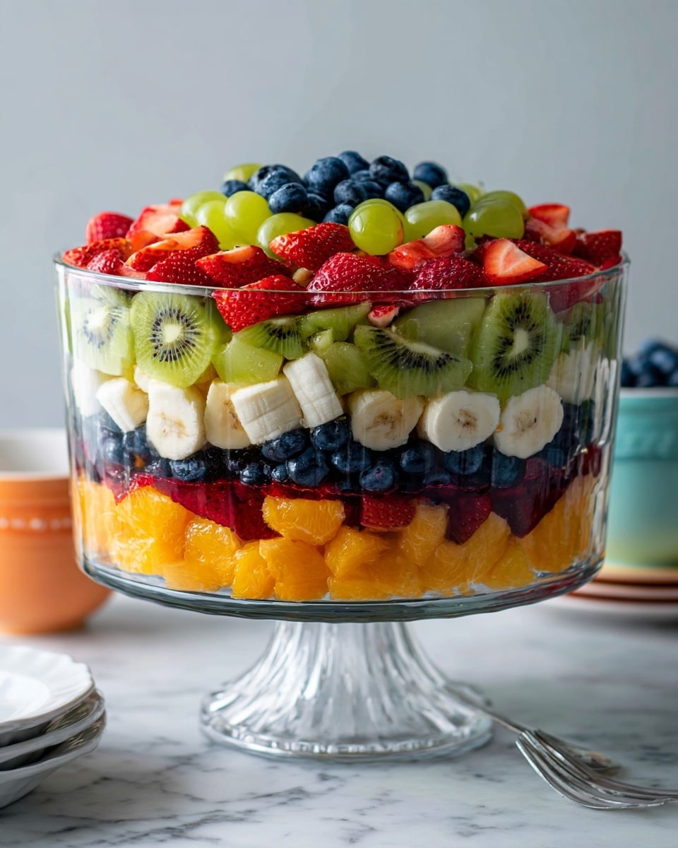 A clear glass trifle bowl on a white marbled surface holds a colorful layered fruit trifle with six visible layers: the bottom layer is orange chunks, followed by a layer of red strawberries, then a layer of green kiwi slices mixed with white banana slices, a layer of orange citrus segments, green grapes, and finally topped with dark blue blueberries. The background is a plain light wall, and parts of orange and pastel colored bowls appear on the sides. photo taken with an iphone --ar 4:5 --v 7