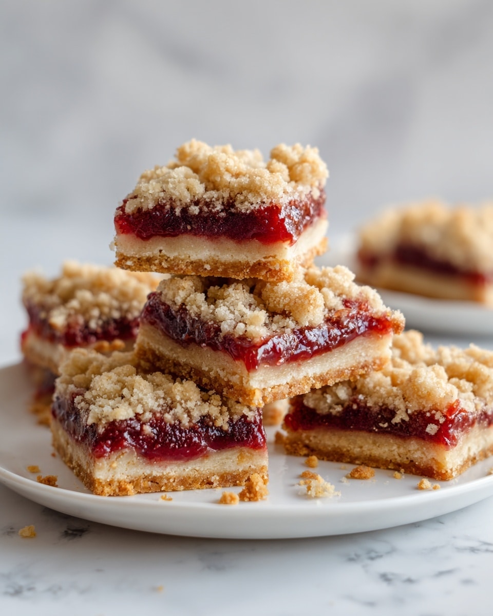 The image shows several square dessert bars stacked and placed on a white plate, each bar having three clear layers. The bottom layer is a light golden-brown crust with a slightly crumbly texture. The middle layer is a glossy, deep red jam or fruit filling that looks smooth and thick. The top layer is a chunky, crumbly streusel with a toasted golden color, giving a rough texture contrast to the jam. The bars are arranged closely together on the plate, with some crumbs scattered around. The scene is set on a white marbled surface. photo taken with an iphone --ar 4:5 --v 7