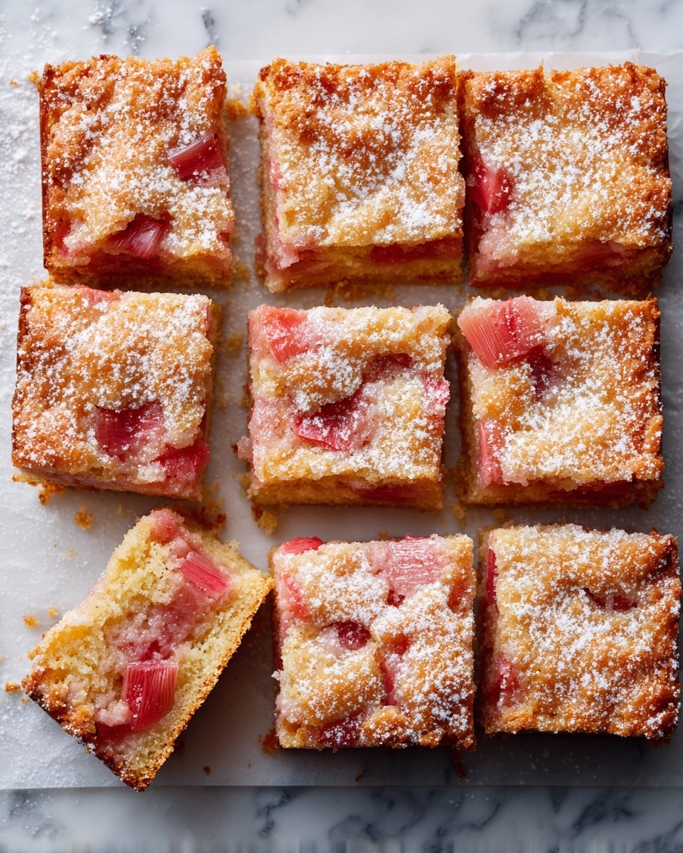 The image shows nine square pieces of a baked dessert arranged in a 3x3 grid on parchment paper over a white marbled surface. Each piece has a golden crust with a slightly uneven top sprinkled with powdered sugar. Visible inside the crust are soft, pinkish-red chunks of fruit, possibly rhubarb, embedded in a lighter, juicy filling. One piece in the bottom left corner is mostly separated from the others, revealing a moist and dense inside with a mix of yellowish cake and red fruit layers. The dessert looks soft and tender with a mix of crumbly and juicy textures. photo taken with an iphone --ar 4:5 --v 7