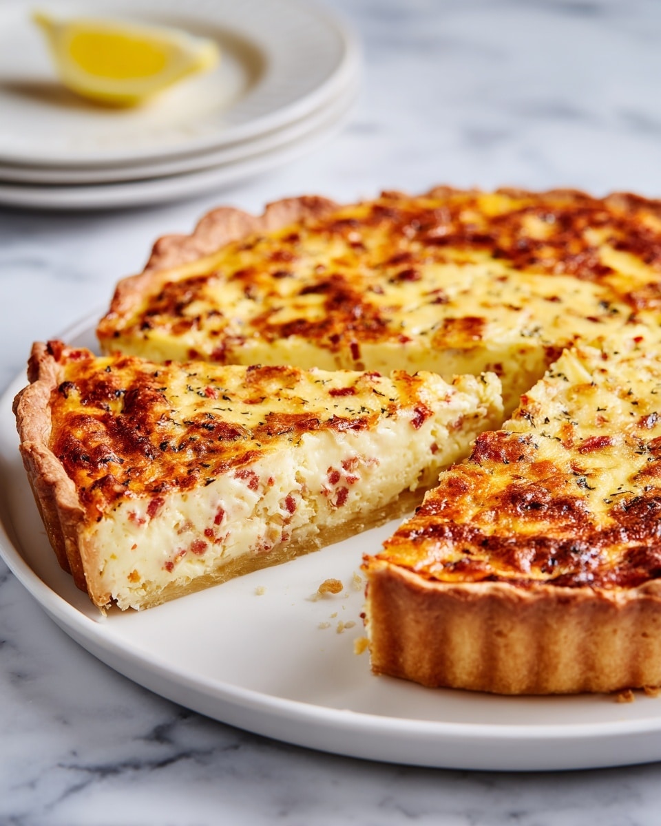 The image shows a close-up of a quiche with a golden brown, flaky crust forming the base and sides. Inside, there are two visible layers: the bottom layer is a light beige crust, and the large, thick creamy yellow filling above is dotted with small pieces of red vegetable, creating a speckled effect. One slice is cut and slightly separated from the rest of the quiche, showing the smooth texture of the filling. The quiche rests on a white plate placed on a white marbled surface. In the background, slightly blurred, a white plate with a lemon wedge is visible. photo taken with an iphone --ar 4:5 --v 7
