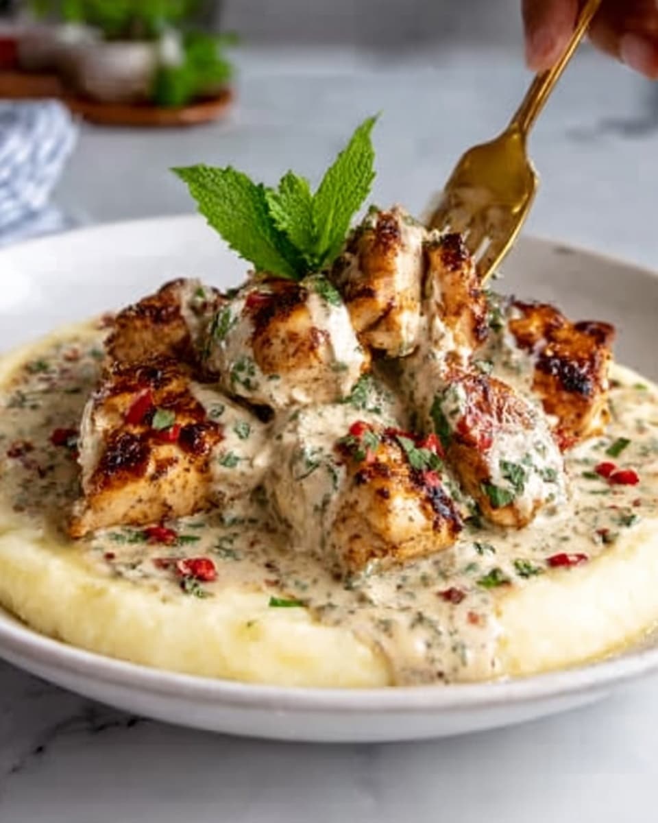 The dish shows a white plate with a base layer of soft creamy mashed potatoes, smooth and pale yellow in color. On top of the mashed potatoes, there are five pieces of grilled chicken with a crispy, golden brown skin and char marks, arranged close together. A creamy white sauce with green herbs and red pepper flakes is drizzled over the chicken, adding texture and color contrast. A fresh green mint leaf sits on top for garnish. A woman's hand holding a gold fork is about to pick up a piece of chicken. The background is a white marbled surface with blurred hints of a red sauce in a small white bowl. Photo taken with an iphone --ar 4:5 --v 7