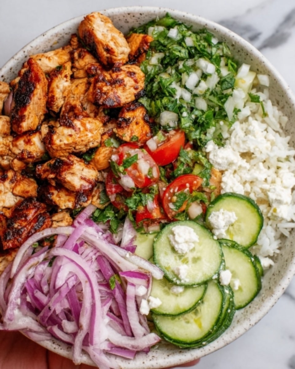 A white bowl filled with a colorful salad that has five layers: at the bottom, little white grains; on the right side, chopped green parsley with small red diced tomatoes mixed in; at the center top, grilled pieces of brown chicken with grill marks; at the left top, thin slices of bright green cucumber; and at the bottom left, thin slices of pale purple onion. The bowl sits on a white marbled surface. Photo taken with an iphone --ar 4:5 --v 7
