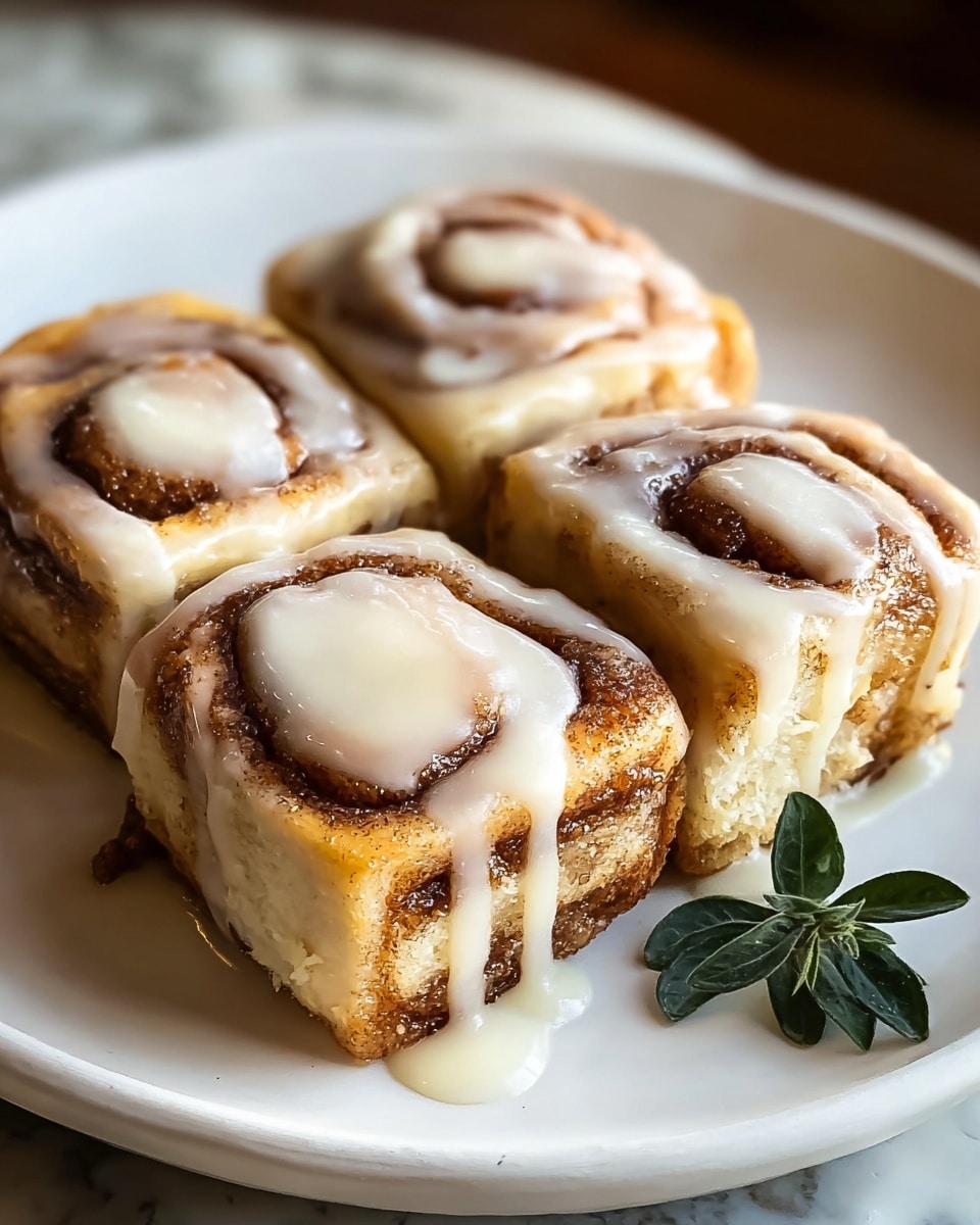 Four square cinnamon rolls sit closely together on a white plate, each roll showing three visible layers: a light brown dough base, a rich dark brown cinnamon sugar swirl in the middle, and a smooth white icing layer unevenly drizzled on top with some extra icing pooling lightly around the base. The cinnamon rolls have a soft and slightly textured surface with a warm golden tone from baked cinnamon. A small green herb sprig adds contrast beside the cinnamon rolls. The background is a white marbled texture with a warm soft focus. Photo taken with an iphone --ar 4:5 --v 7