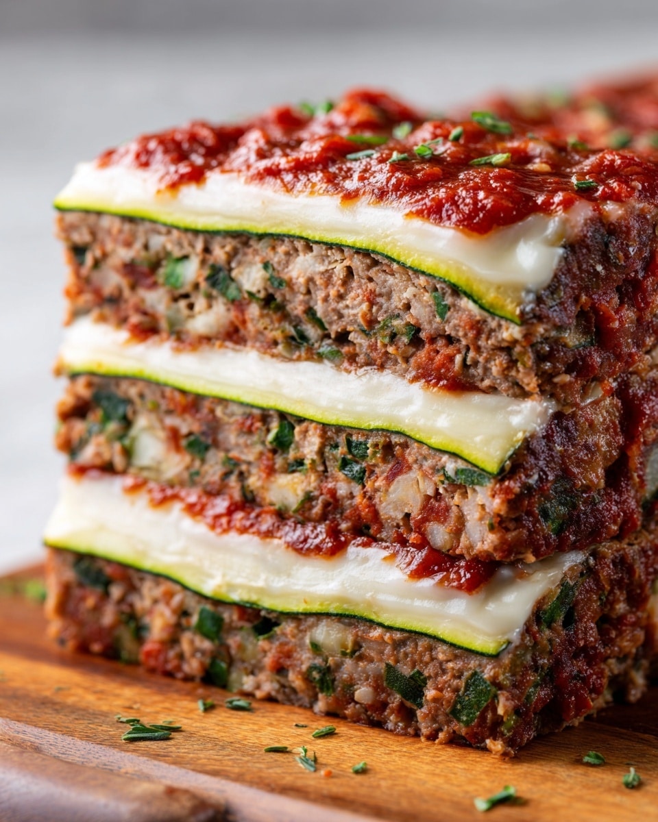The image shows four square pieces of a layered dish on a wooden board. Each piece has three clear layers: the bottom layer is a light brown meat mixture with visible bits of green zucchini, the middle layer is a thin red tomato sauce, and the top layer is smooth and white, resembling a creamy sauce spread unevenly. The texture of the meat layer looks moist and chunky, while the tomato sauce appears thick and rich. The creamy top is slightly wavy, giving a soft and fresh look. The background is a white marbled texture. Photo taken with an iphone --ar 4:5 --v 7