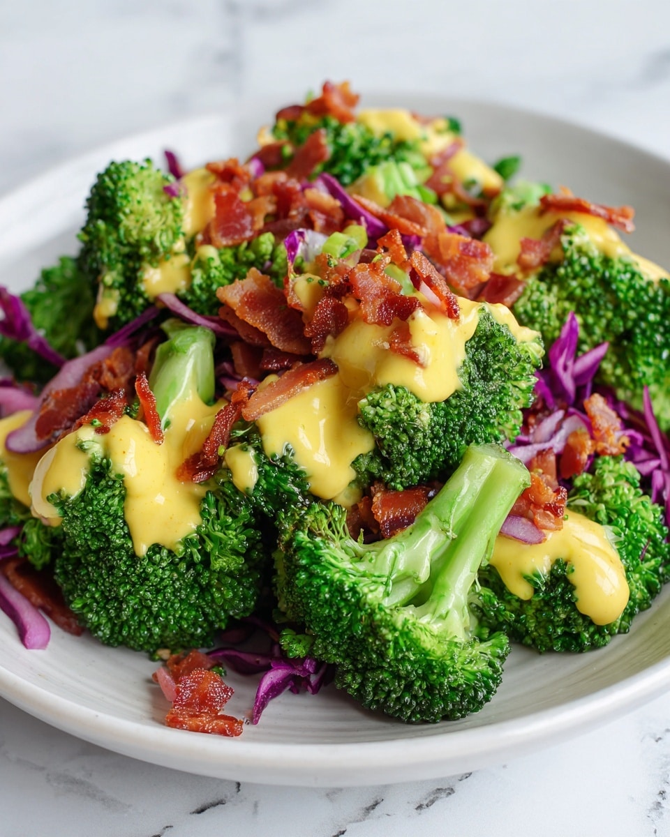 A close-up view of a white bowl filled with fresh broccoli florets, topped with creamy yellow cheese sauce that drapes over the bright green broccoli. Scattered among the broccoli are crispy, deep red bacon pieces adding a crunchy texture, along with small bits of purple cabbage for color contrast. The bowl rests on a white marbled surface, creating a clean and fresh look. photo taken with an iphone --ar 4:5 --v 7