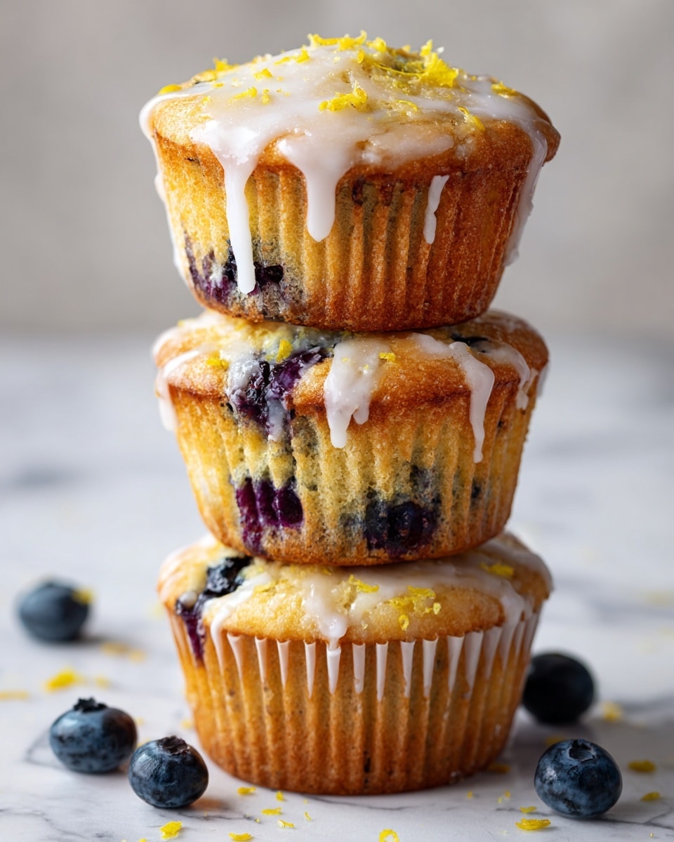 The image shows three small blueberry muffins stacked on a white marbled surface. Each muffin has a golden-brown top with melted glaze dripping down the sides. There are visible dark purple blueberries baked into the muffins, providing a rich contrast to the light golden cake. Lemon zest is sprinkled on the tops, adding small bright yellow pieces and texture. Around the muffins, some fresh blueberries and lemon slices lie on the surface. The lighting is soft and natural, highlighting the moist texture of the muffins and the shiny glaze. photo taken with an iphone --ar 4:5 --v 7