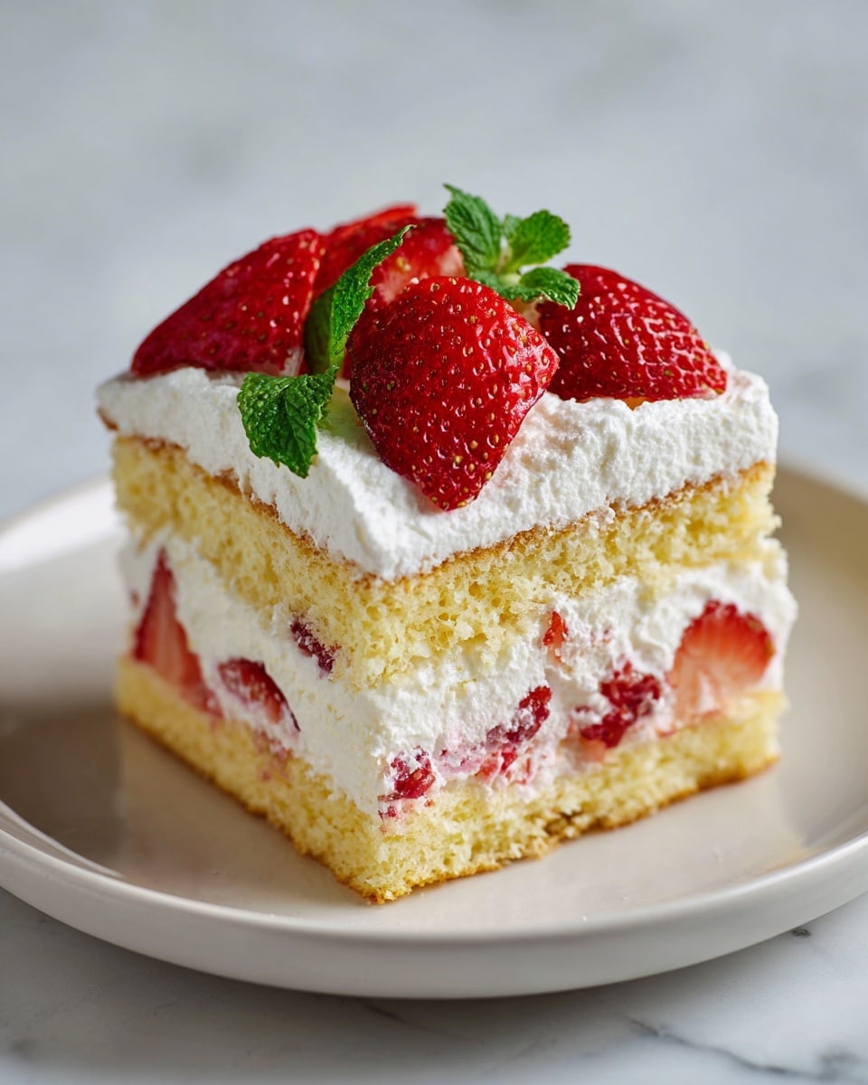 A square slice of a layered dessert sits on a white plate with a white marbled background. The bottom layer is a light yellow sponge cake, soft and slightly fluffy. On top of that is a thick, creamy white layer filled with small pieces of fresh red strawberries. Above this is another thin layer of sponge cake, covered again with a generous layer of smooth white whipped cream that is swirled on top. Fresh whole strawberries and small green mint leaves decorate the top, adding bright red and green colors contrasting with the white cream. Photo taken with an iphone --ar 4:5 --v 7