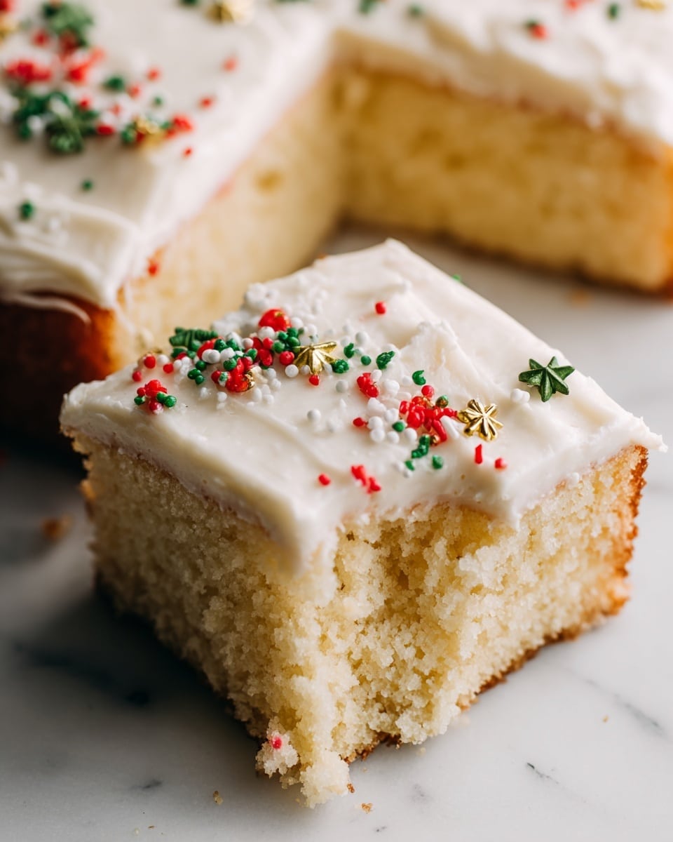 The image shows a close-up of square cookies arranged closely together on a white marbled surface. Each cookie has two layers: the bottom layer is a light tan cake-like base with a soft and slightly crumbly texture, and the top layer is thick white icing spread evenly. The icing is decorated with small colorful sprinkles in red, yellow, and green, with a few having red and green jelly-like candy shaped like a leaf and fruit on top. One cookie in the front is cut in half, showing the soft inside texture. Photo taken with an iphone --ar 4:5 --v 7