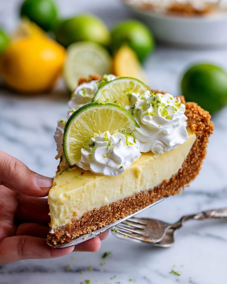 A close-up view of a slice of key lime pie held by a woman's hand with a silver pie server. The pie slice shows two layers: a thick, creamy, pale yellow filling on top and a crumbly light brown graham cracker crust at the bottom. The top of the pie is decorated with dollops of white whipped cream and two thin slices of fresh green lime with visible texture. There is a light sprinkle of green lime zest on the surface of the pie. In the blurred background, whole limes and a lemon add a fresh, colorful touch, all set against a white marbled surface. photo taken with an iphone --ar 4:5 --v 7