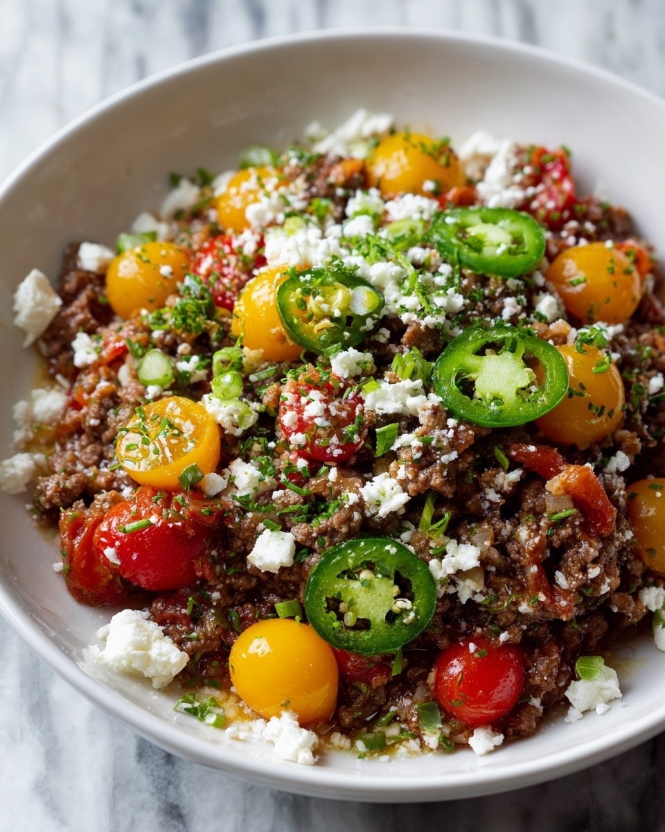A white bowl filled with a colorful mixture of ground meat, diced red and yellow bell peppers, and halved cherry tomatoes covered with chopped green herbs. On top, several slices of green jalapeño peppers are placed along with small bits of crumbled white cheese. The dish looks juicy with a slight oily shine, and the textures vary from soft tomatoes to crumbly meat and fresh herbs. Photo taken with an iphone --ar 4:5 --v 7