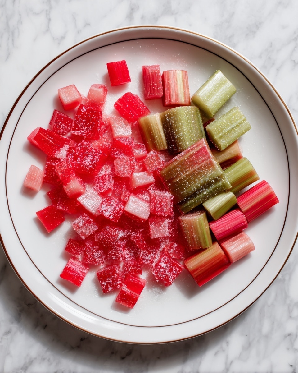 A close-up view of a white plate filled with chopped rhubarb pieces. The rhubarb layers alternate between bright red and reddish-green stalks, each piece showing a crisp, slightly wet texture with a sprinkle of sugar crystals on top. The plate sits on a white marbled surface, adding a clean and fresh look to the image. Photo taken with an iphone --ar 4:5 --v 7
