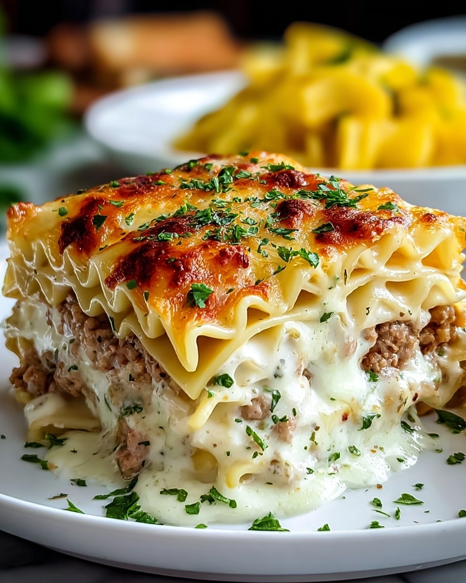 A thick square slice of lasagna sits on a white plate, showing four distinct layers: the bottom layer is ruffled pasta with a light yellow color, the second layer is a mix of ground meat and creamy white sauce, followed by another layer of ruffled pasta, and the top layer is melted, golden-brown cheese with small patches of roasted brown and sprinkled with fresh green parsley. The cheese holds some gooey stretches, giving a rich texture. The plate rests on a wooden surface with a soft white marbled texture in the background. photo taken with an iphone --ar 4:5 --v 7
