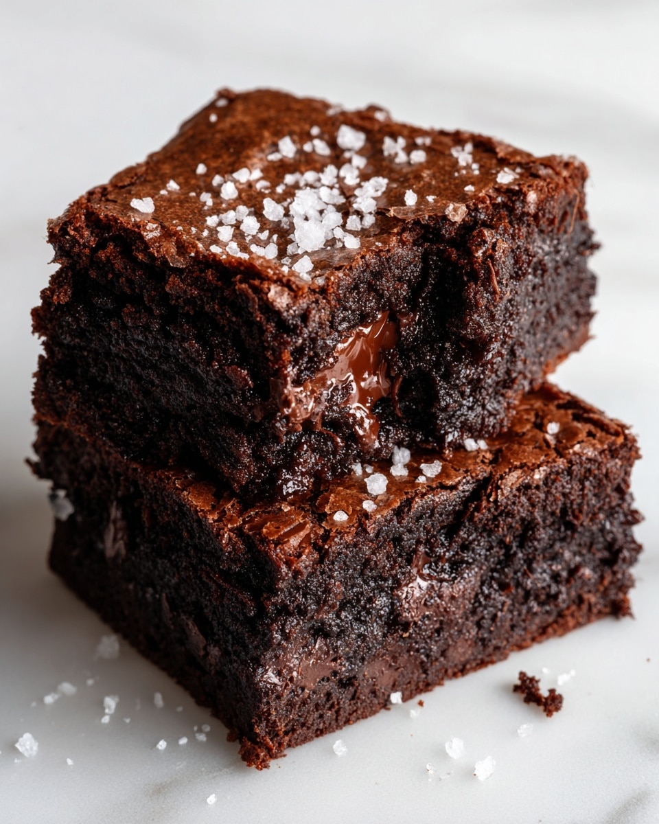 The image shows three square pieces of rich, dark chocolate brownies stacked on top of each other. Each brownie has a dense, moist texture with visible melted chocolate chunks spread evenly inside. The top brownie is sprinkled with coarse white sea salt crystals that contrast with the deep brown color. The brownies have a slightly crumbly edge. The background is a white marbled surface. photo taken with an iphone --ar 4:5 --v 7