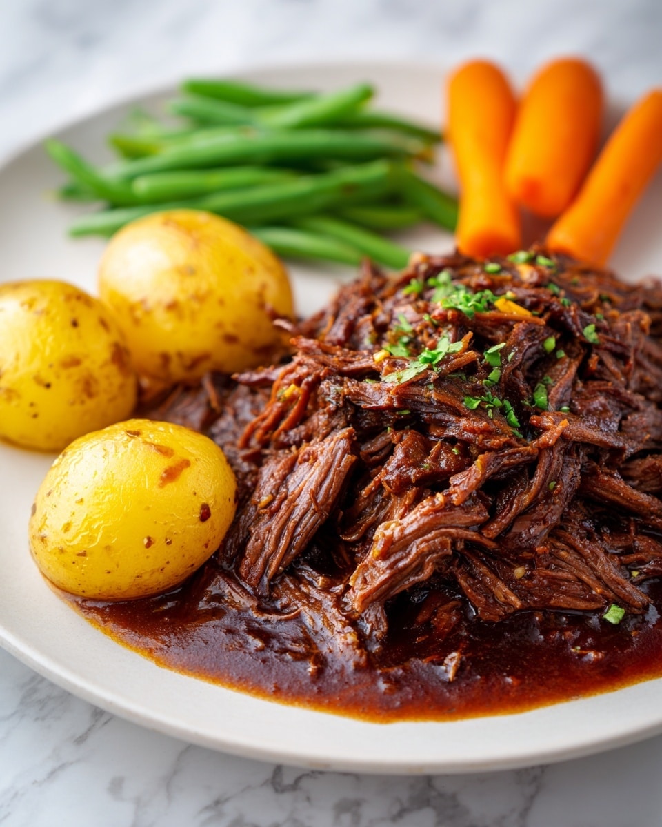 The image shows a white plate with a serving of shredded dark brown beef in rich brown sauce on the right side. On the left side, there are three small, round, golden-yellow potatoes with a slightly rough texture. Above the potatoes, bright green beans and a single cooked carrot with a smooth surface are arranged. The background is a white marbled surface. Photo taken with an iphone --ar 4:5 --v 7