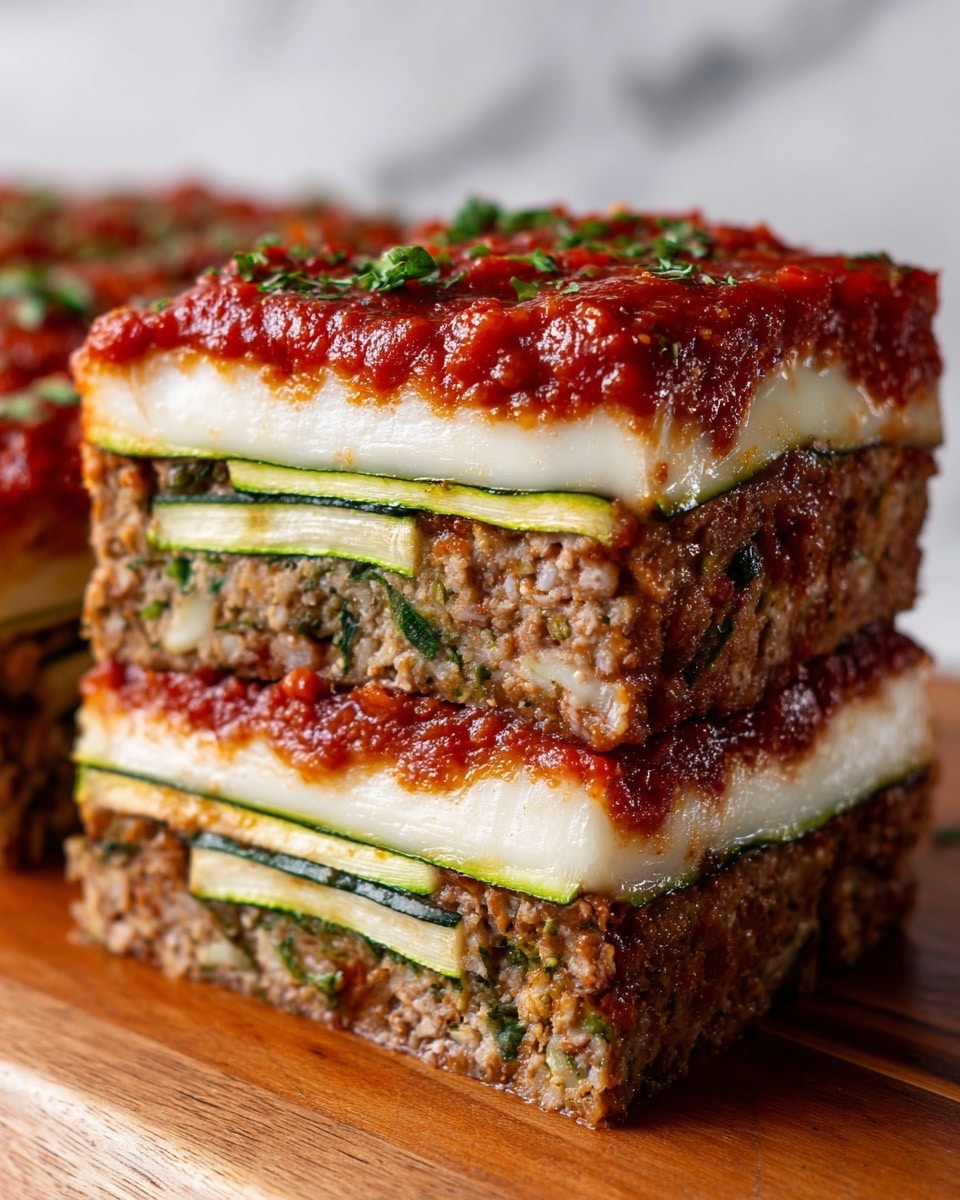 The image shows three thick square slices of meatloaf arranged on a wooden board with a white marbled background. Each slice has multiple layers: at the bottom, a dense, textured brown meat layer mixed with green herbs, followed by thin green zucchini slices embedded within the meat. On top, there is a chunky, reddish-brown tomato sauce layer, and the very top is covered with a smooth, creamy white sauce spread evenly. The edges of the slices are slightly rough, showing the mix of ingredients. No plate is visible, and the focus is close up, highlighting the texture of the meat and sauces. Photo taken with an iphone --ar 4:5 --v 7