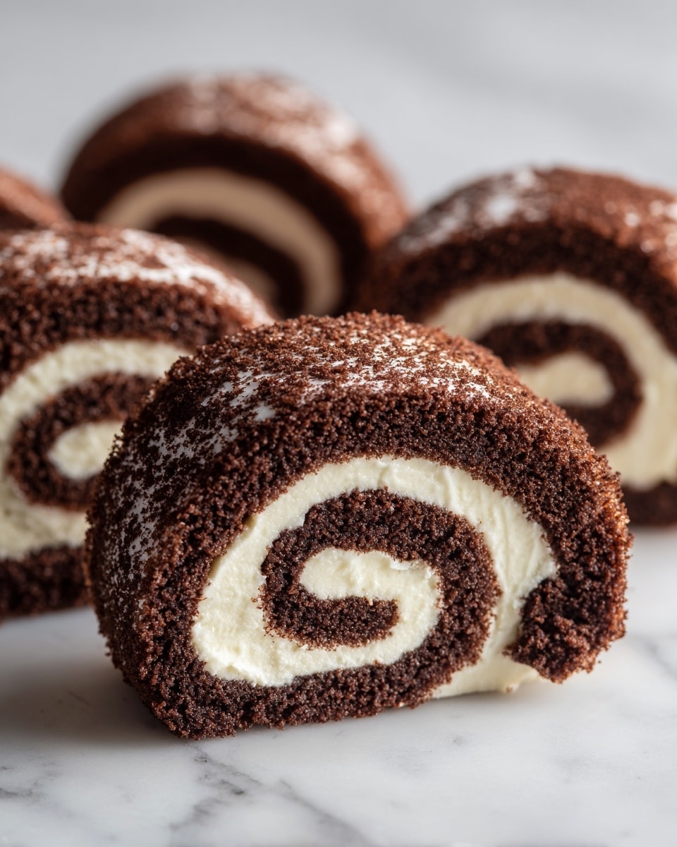 A close-up image shows several rolled desserts, each made of two main layers. The outer layer is dark brown, firm, and slightly cracked with a cake-like texture, forming a spiral-wrap around the inner layer. The inner layer is creamy, pale yellow, and smooth with a soft, slightly crumbly texture that fills the roll evenly from the center outwards. The rolls are placed closely together on a white marbled surface. Photo taken with an iphone --ar 4:5 --v 7