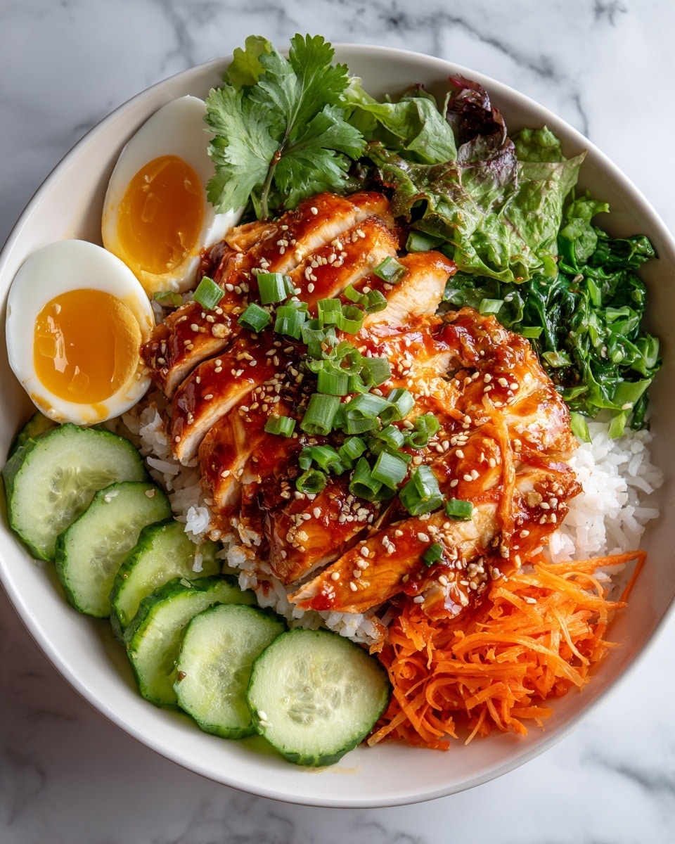 A white bowl on a white marbled surface holds a layered dish starting with a base of white rice. On top of the rice, there is grilled chicken covered in a rich orange-red sauce, garnished with green herbs and sprinkled sesame seeds. To one side, there are two halves of a soft-boiled egg with bright yellow yolks oozing slightly. Surrounding the egg and chicken, there are five round cucumber slices arranged in a neat row, shredded carrot piled in a small mound, and chopped green herbs in another cluster. The colors are bright and fresh, creating a vibrant, appetizing presentation. Photo taken with an iphone --ar 4:5 --v 7