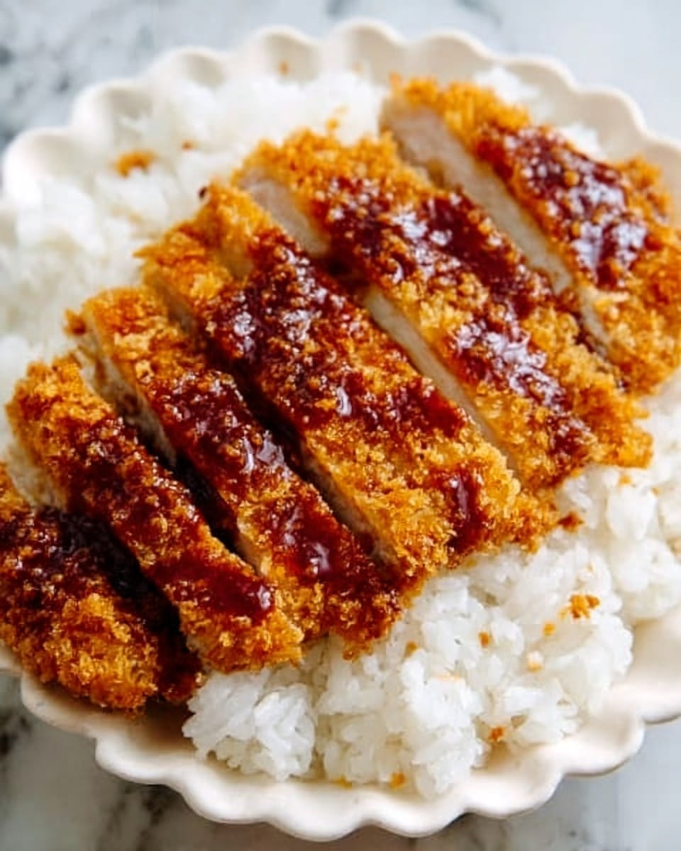 A white plate with a ridged edge holds a layer of fluffy white rice at the bottom. On top of the rice, there are several slices of golden brown crispy fried chicken, arranged side by side in a neat row. The chicken looks crunchy with a slightly uneven texture showing a mix of lighter and darker golden tones. Some sauce or seasoning is lightly spread over the chicken, giving it a glossy finish. The background features a white marbled surface. Photo taken with an iphone --ar 4:5 --v 7