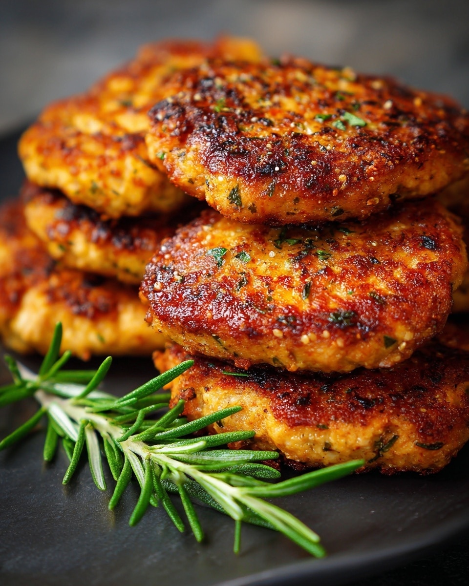 A close-up of several golden-brown chicken patties with crispy, slightly charred edges and a textured surface showing herbs and bits of seasoning. The patties are stacked in layers on a dark plate, with a sprig of fresh rosemary placed in front of them. The background features a white marbled texture. Photo taken with an iphone --ar 4:5 --v 7