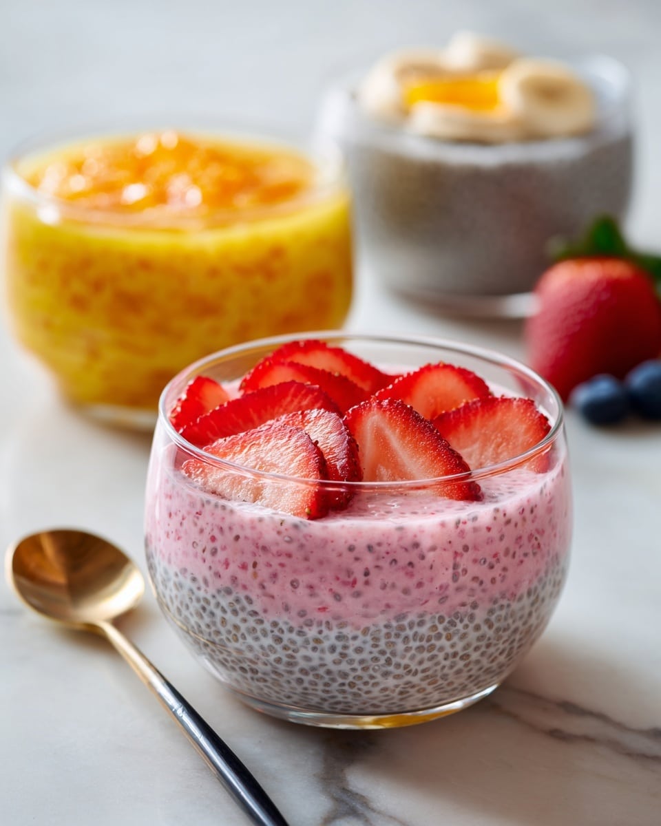 A clear glass jar filled with three layers: the bottom layer is a light pink chia pudding with tiny seeds visible inside, topped with a layer of fresh, thinly sliced strawberries that have a bright red color and thin white edges, filling the top part of the jar. In the background, there are two more jars, one with a creamy yellow chia pudding topped with small, bright orange mango pieces, and the other with a grayish chia pudding topped with thin, light yellow banana slices and some blueberries. The jars are placed on a white marbled surface with a golden and black spoon in front, and a sliced strawberry and blueberry lying nearby. Photo taken with an iphone --ar 4:5 --v 7
