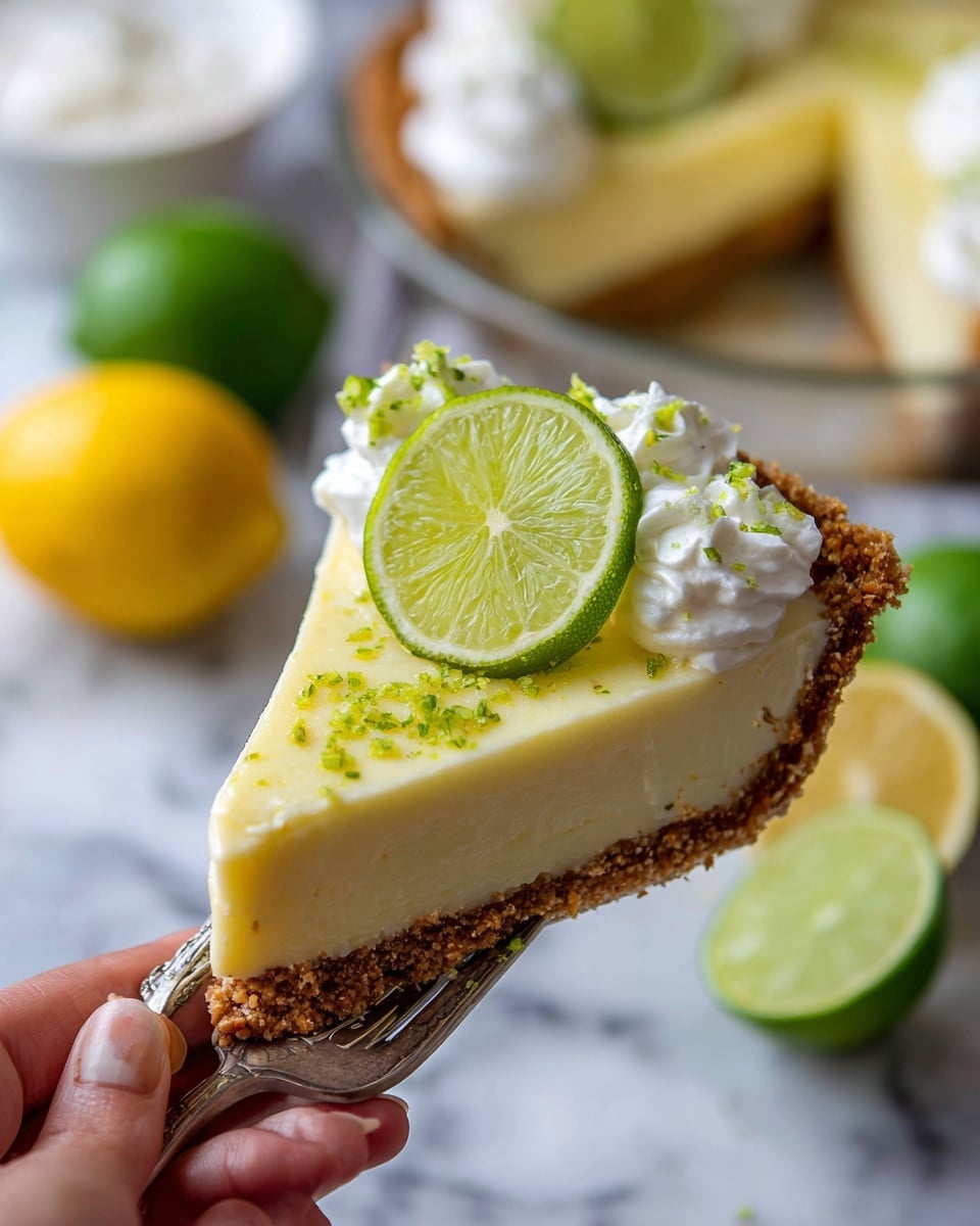 A close-up of a slice of key lime pie held in a woman's hand with a silver fork, showing three layers: a crumbly light brown crust at the bottom, a thick pale yellow lime filling in the middle, and a few dollops of white whipped cream around the edges. The pie slice is topped with two lime slices and sprinkled with green lime zest. The background has blurred whole green limes and some yellow lemons on a white marbled texture, with a white bowl in soft focus behind. photo taken with an iphone --ar 4:5 --v 7