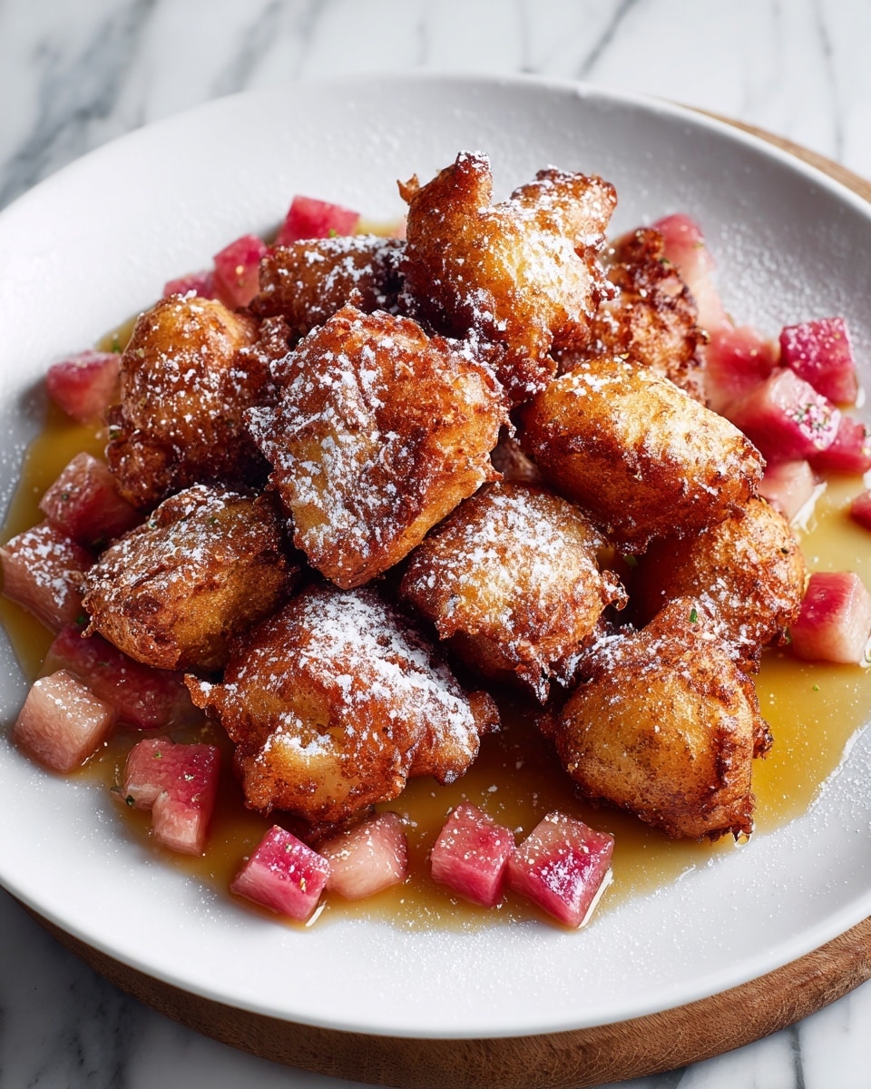 The image shows a white plate filled with several golden brown, crispy fried fritters piled over a few small, pinkish cube pieces scattered around. The fritters have a rough, uneven texture with a shiny surface from syrup or honey drizzled underneath. A light dusting of powdered sugar is sprinkled over the fritters, adding a touch of white contrast. The plate sits on a white marbled textured surface, adding a subtle, clean background. photo taken with an iphone --ar 4:5 --v 7