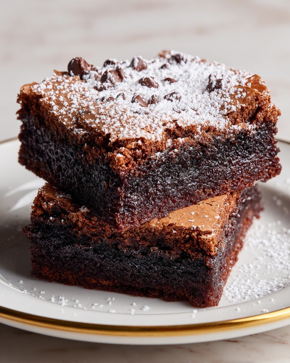 A close-up of a thick, square brownie resting on a white plate with a thin golden rim. The brownie has two visible layers: the bottom is a dense, dark chocolate layer with a gooey, moist texture, while the top layer is a lighter, cracked, and slightly crispy crust dotted with melted chocolate chips. The surface is sprinkled lightly with powdered sugar. The plate sits on a white marbled textured surface. photo taken with an iphone --ar 4:5 --v 7