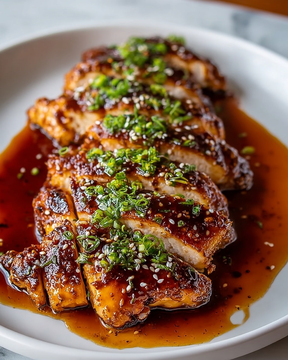 The image shows five thick slices of grilled chicken arranged in a slightly curved row on a white plate. Each slice is covered in a shiny, dark brown glaze with a sticky texture and has small white sesame seeds sprinkled on top. Bright green chopped herbs are scattered over the chicken, adding a fresh contrast to the glossy surface. The chicken looks juicy with a light, tender inside visible in the cut sections. The dark sauce pools beneath the slices, giving it a rich and appetizing look. The photo is taken on a white marbled surface, with soft, natural light enhancing the details of the glaze and herbs. photo taken with an iphone --ar 4:5 --v 7