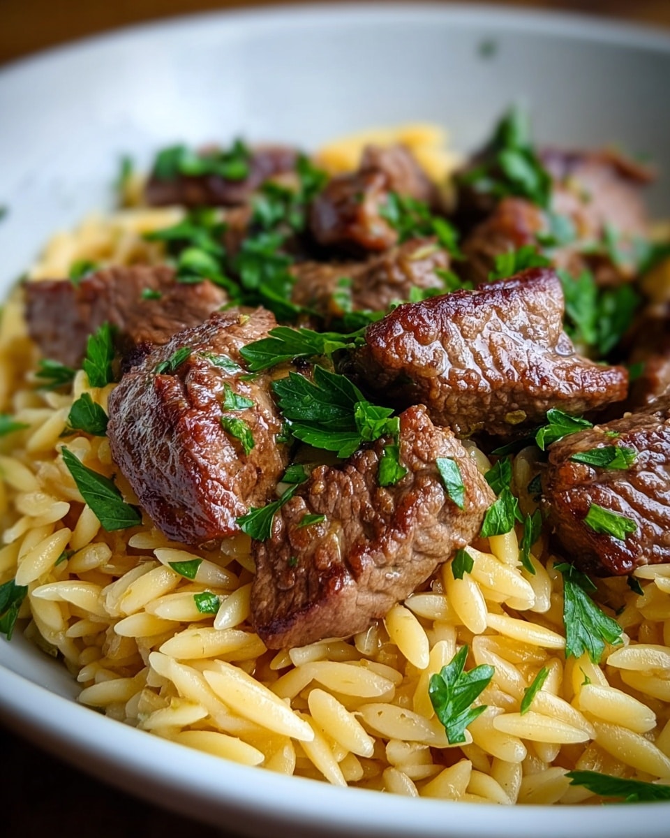 A white bowl holds a dish with two main layers. The bottom layer consists of small, yellowish orzo pasta, soft and slightly shiny. On top of the pasta are several medium-sized pieces of grilled steak, browned and juicy with visible grill marks. Scattered over the dish are small, fresh green parsley leaves, adding a bright contrast to the yellow pasta and brown steak. The bowl sits on a surface with a white marbled texture. Photo taken with an iphone --ar 4:5 --v 7